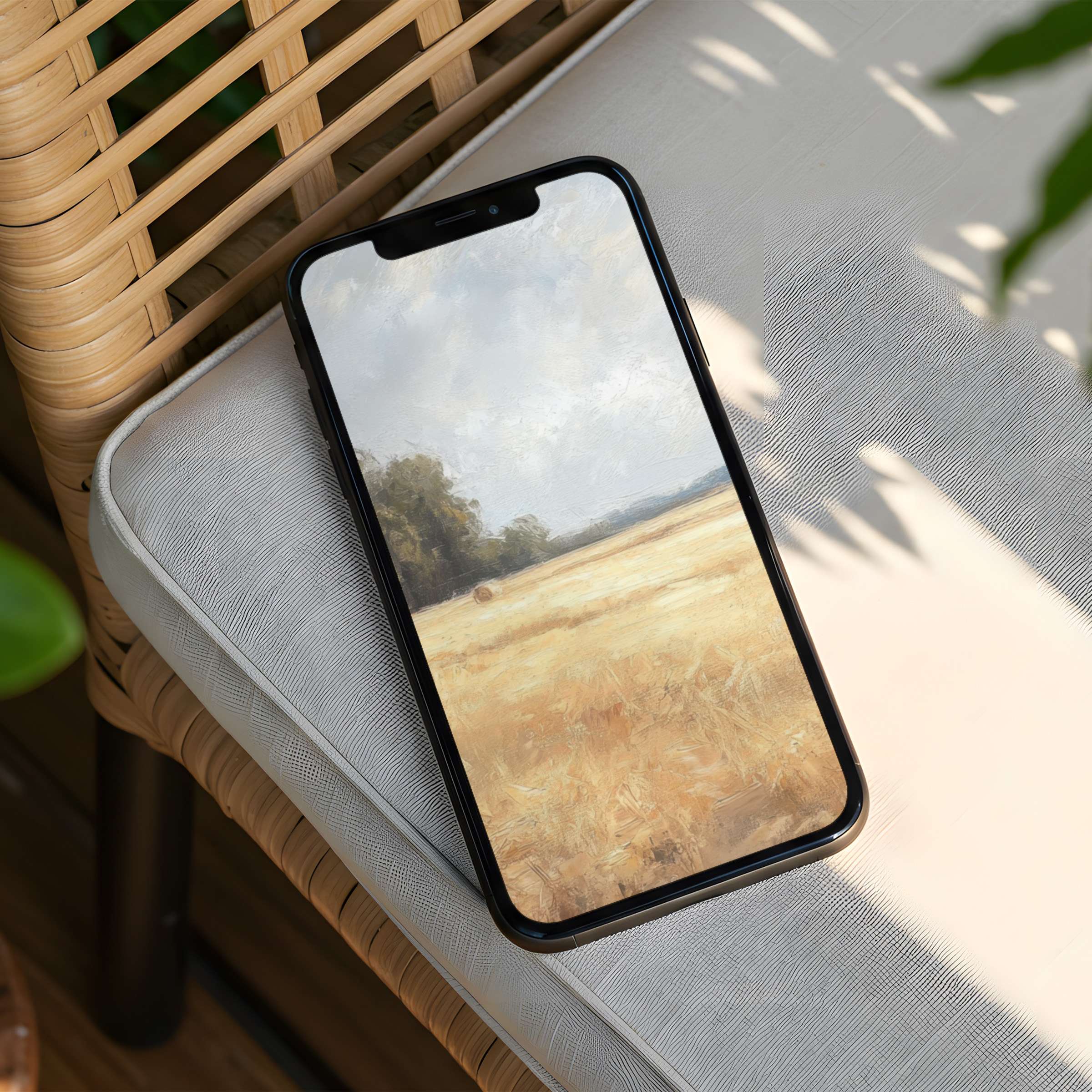 Elegant iPhone background with serene golden field painting offers instant download for phone users seeking calm inspiration