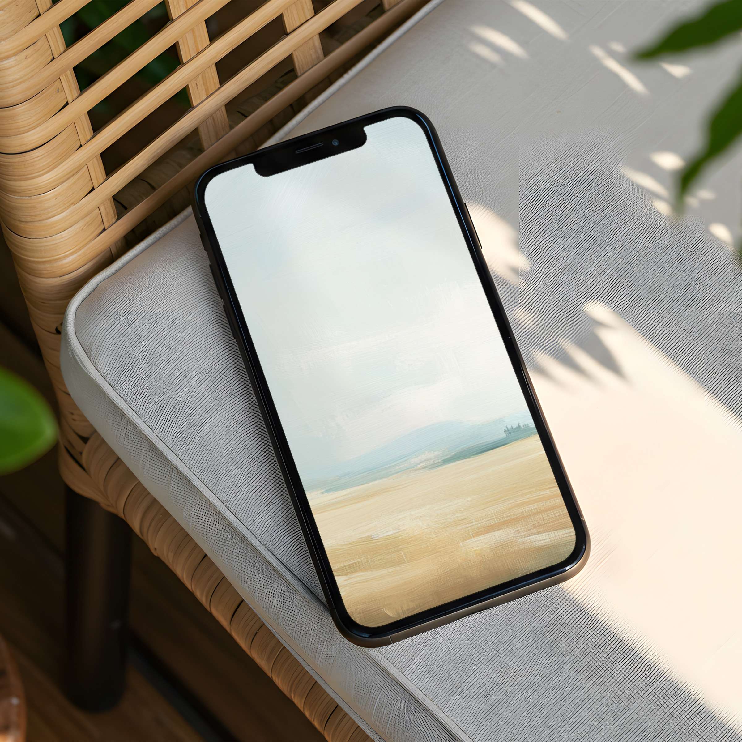 Elegant iPhone background featuring serene pastel landscape art on a wicker chair offers instant download for mindful phone users