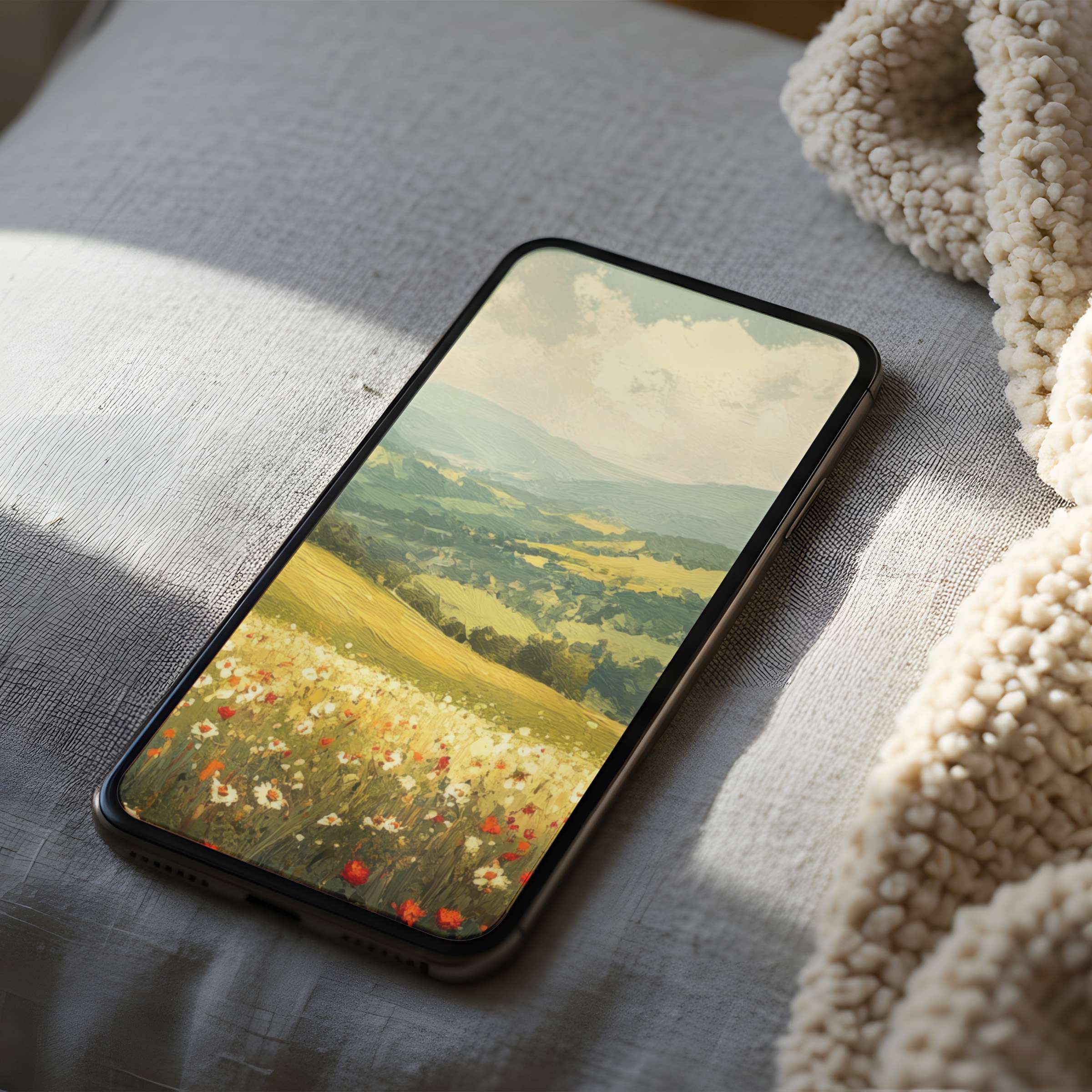 Serene landscape phone wallpaper with lush green hills and vibrant wildflowers, perfect for high-resolution iPhone and Android screens, offering a calming digital download