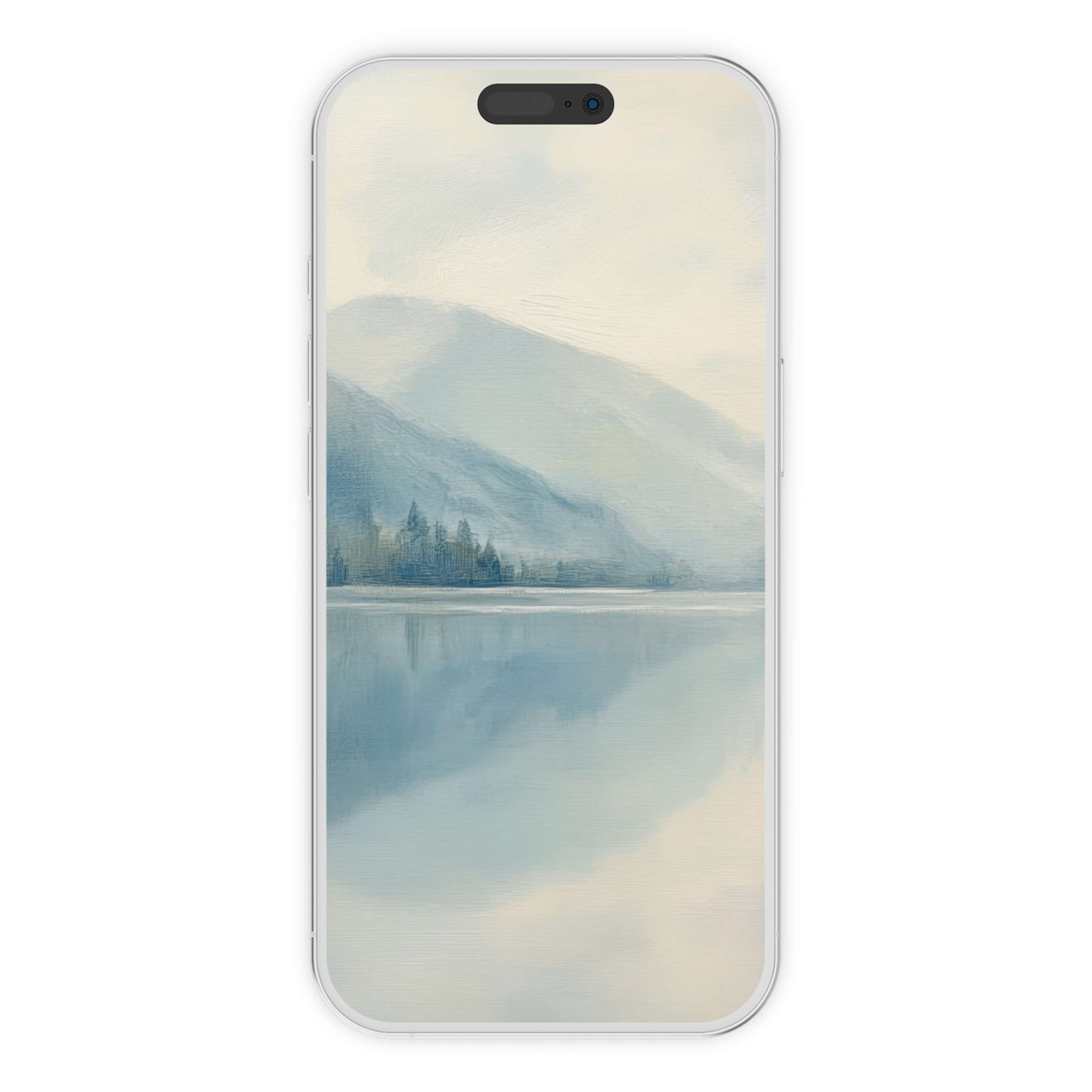 Serene landscape iPhone wallpaper in soft blues, offering a calming phone background as a digital download for iPhone and Android users