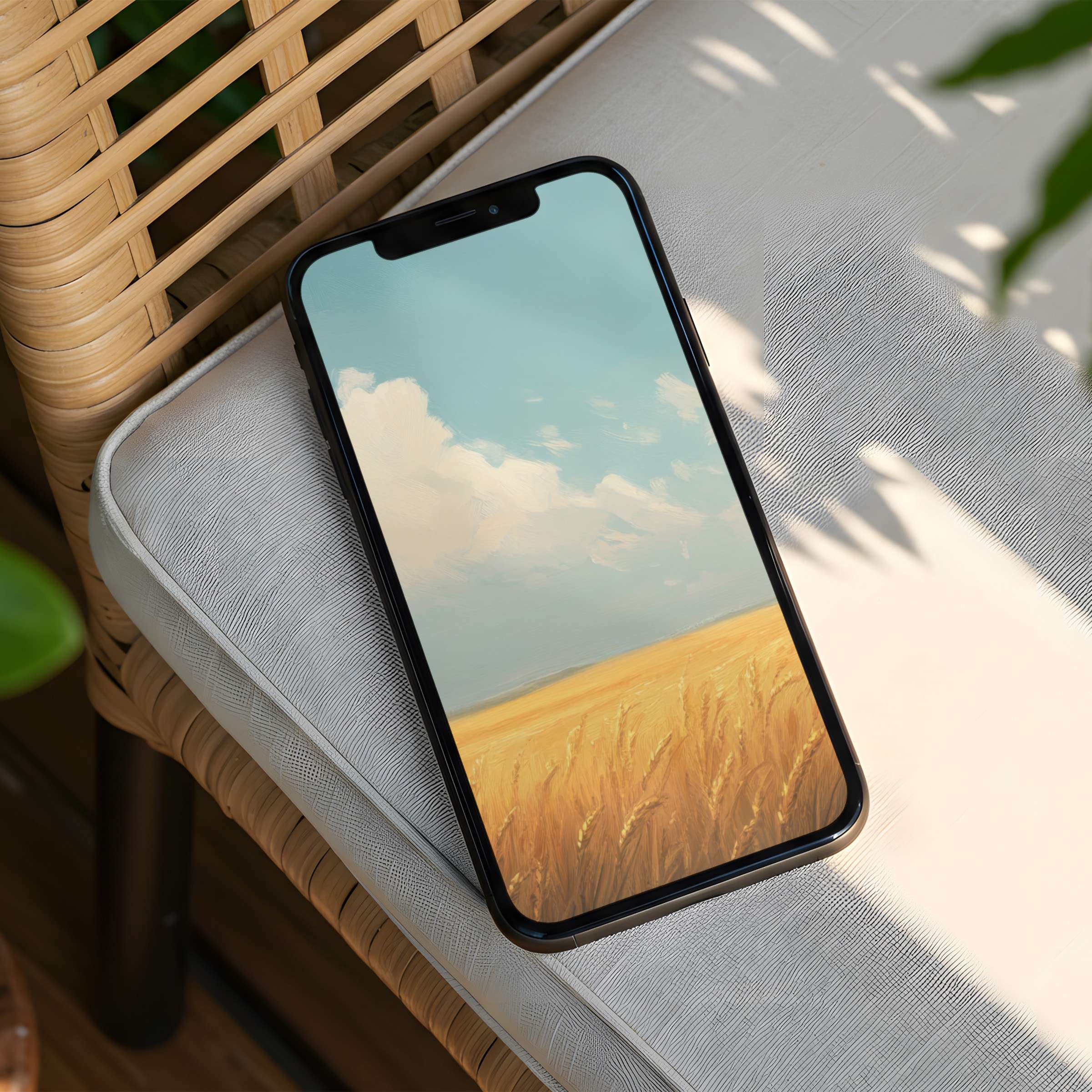 Serene wheat field painting as iPhone background evokes calm and mindfulness instant download for your phone's aesthetic elegance