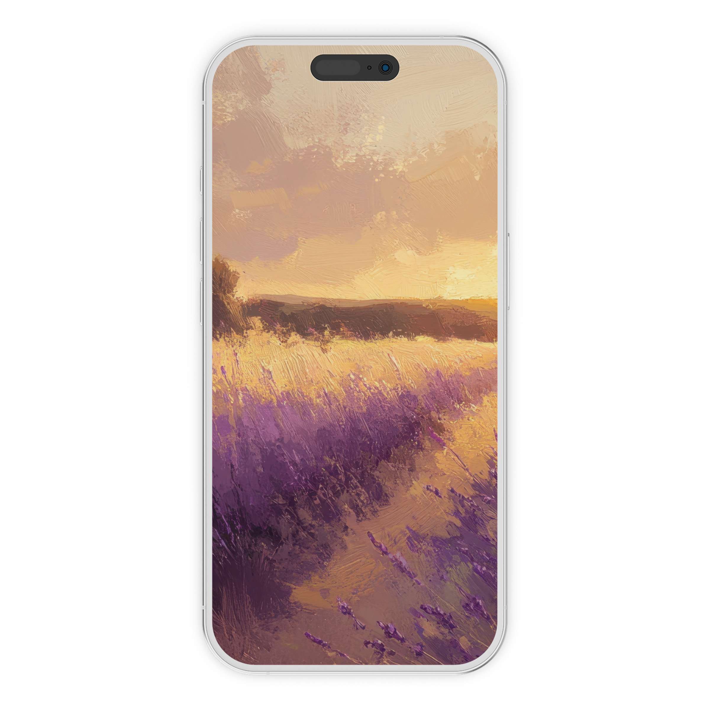 Serene landscape iPhone wallpaper with sunset hues and lavender fields, perfect digital download for phone background and tranquility