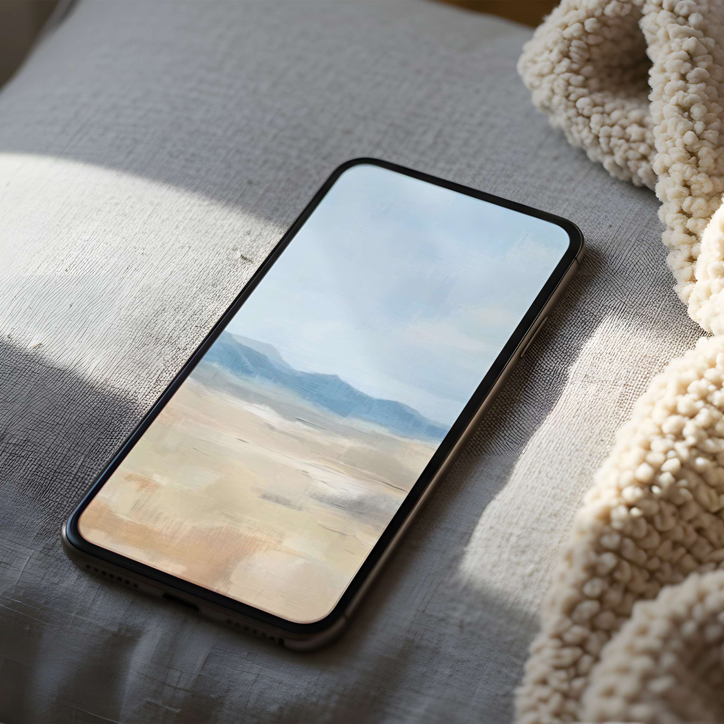 Calming landscape phone wallpaper with soft earth tones elegantly displayed on a high-resolution screen suitable for digital download