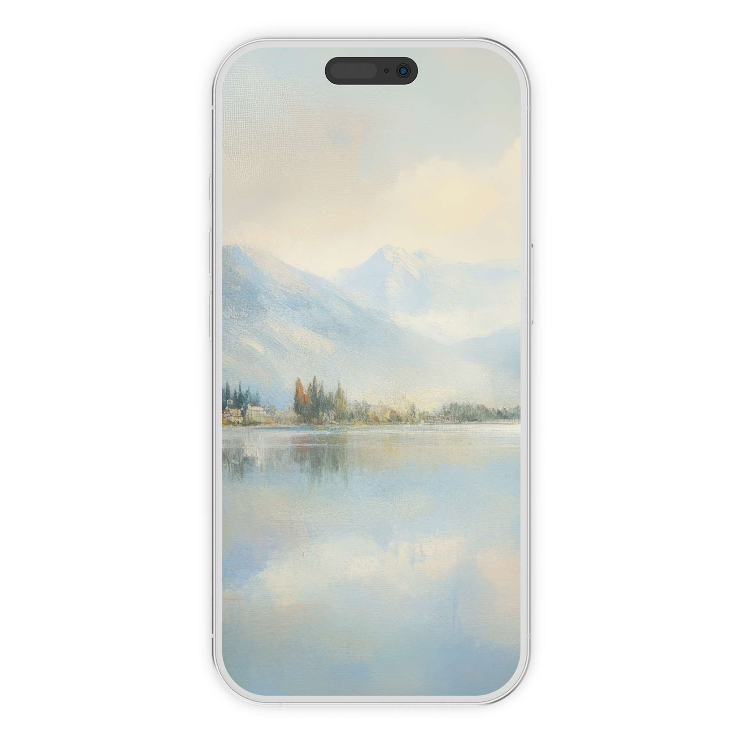 Serene mountain lake landscape iPhone wallpaper for phone background, a calming digital download perfect for design-conscious users