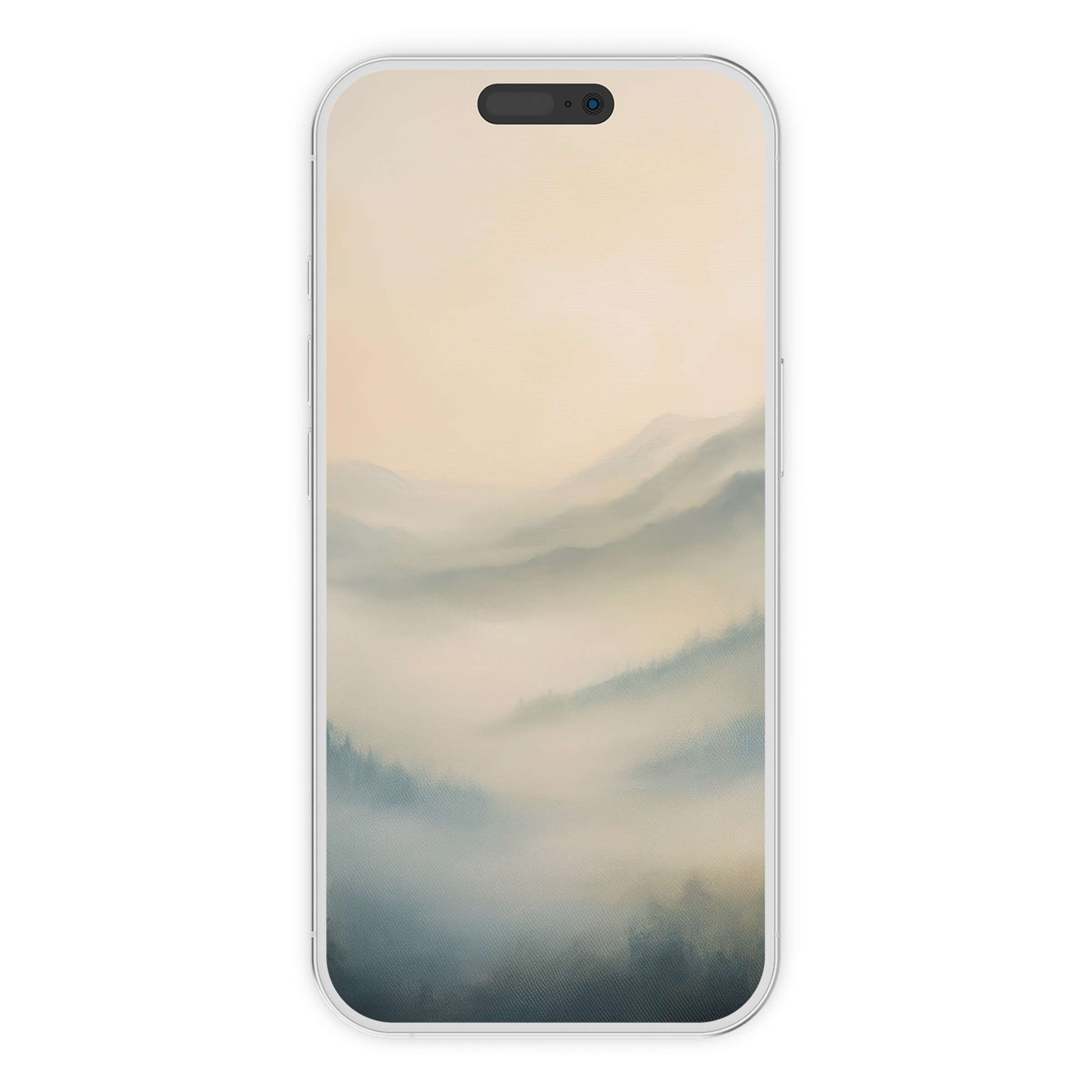 Serene misty mountains in soft hues create a calming landscape iPhone wallpaper, ideal for phone background digital download