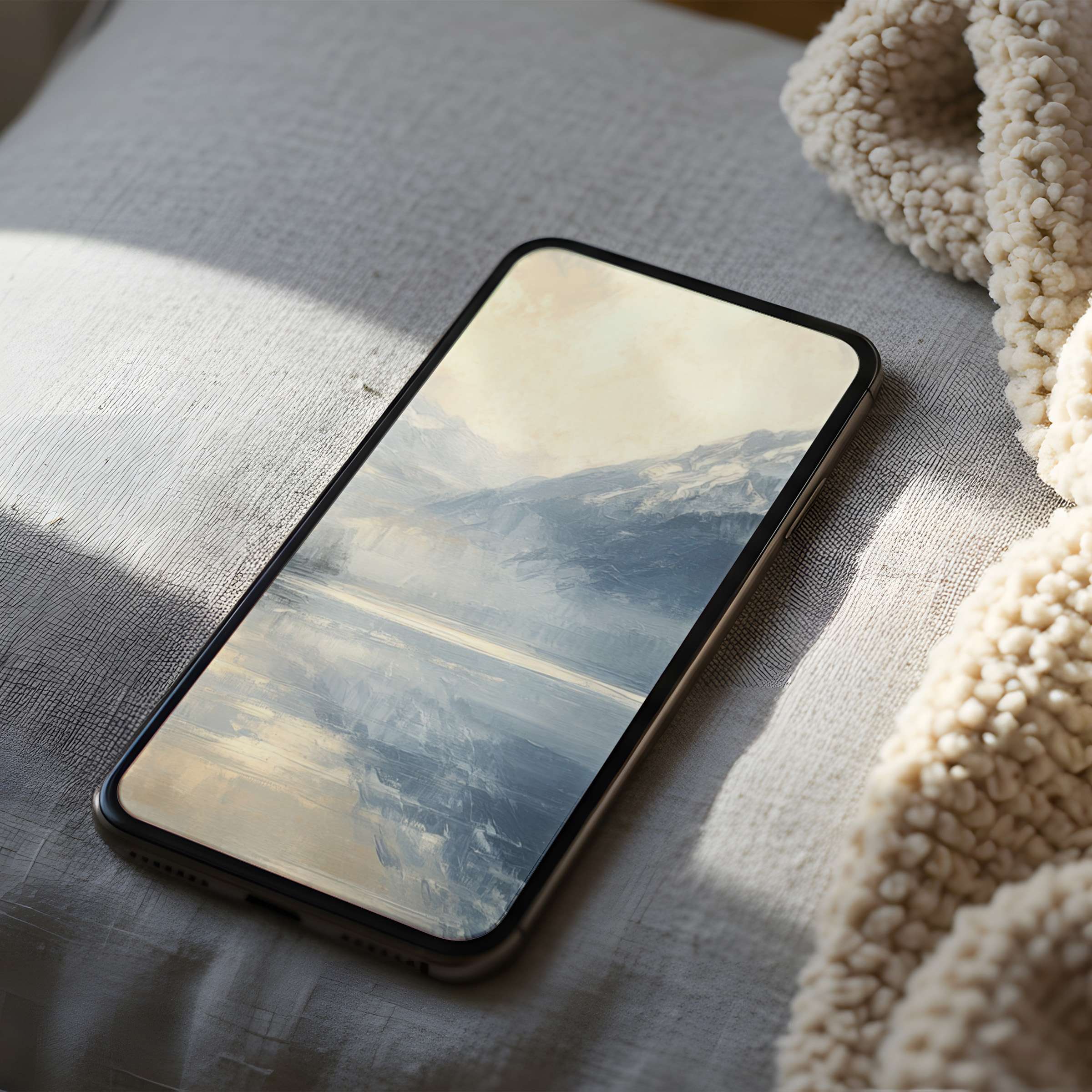 Elegant high resolution phone wallpaper featuring serene abstract landscape in soft blues and creams, ideal for iPhone and Android users