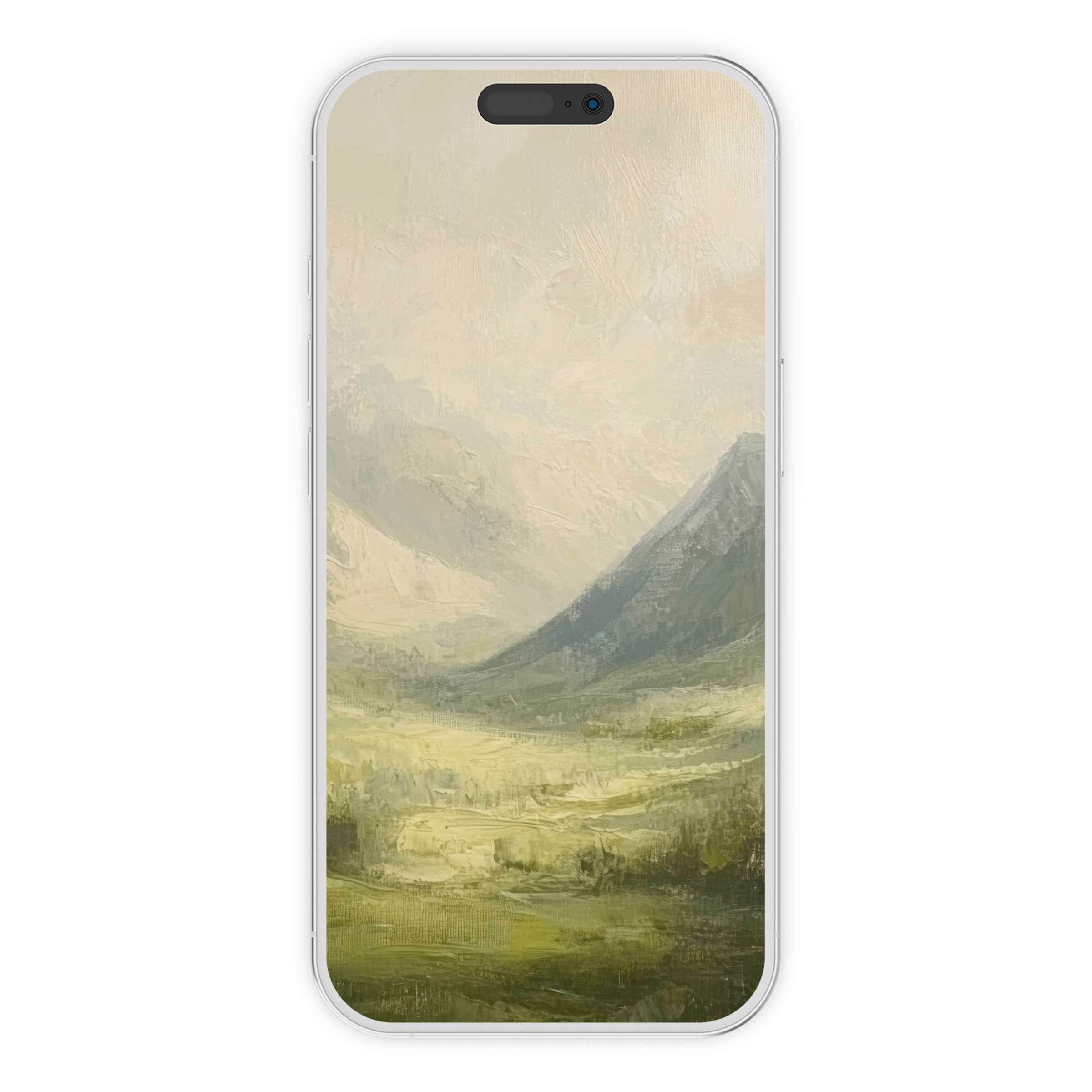 Calming landscape iPhone wallpaper with serene mountains and soft textures, perfect phone background for digital download and peace