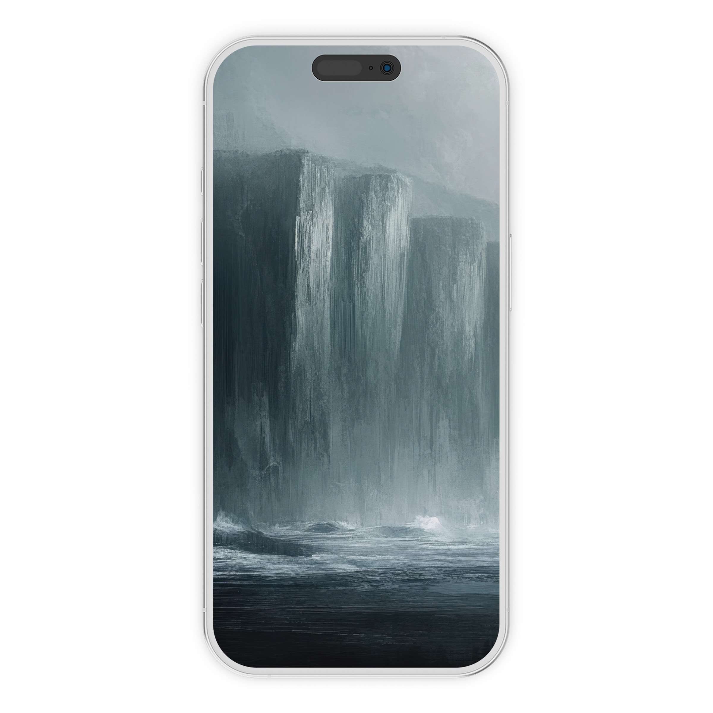 Elegant landscape iPhone wallpaper featuring a serene waterfall in misty hues, perfect digital download background for phone tranquility