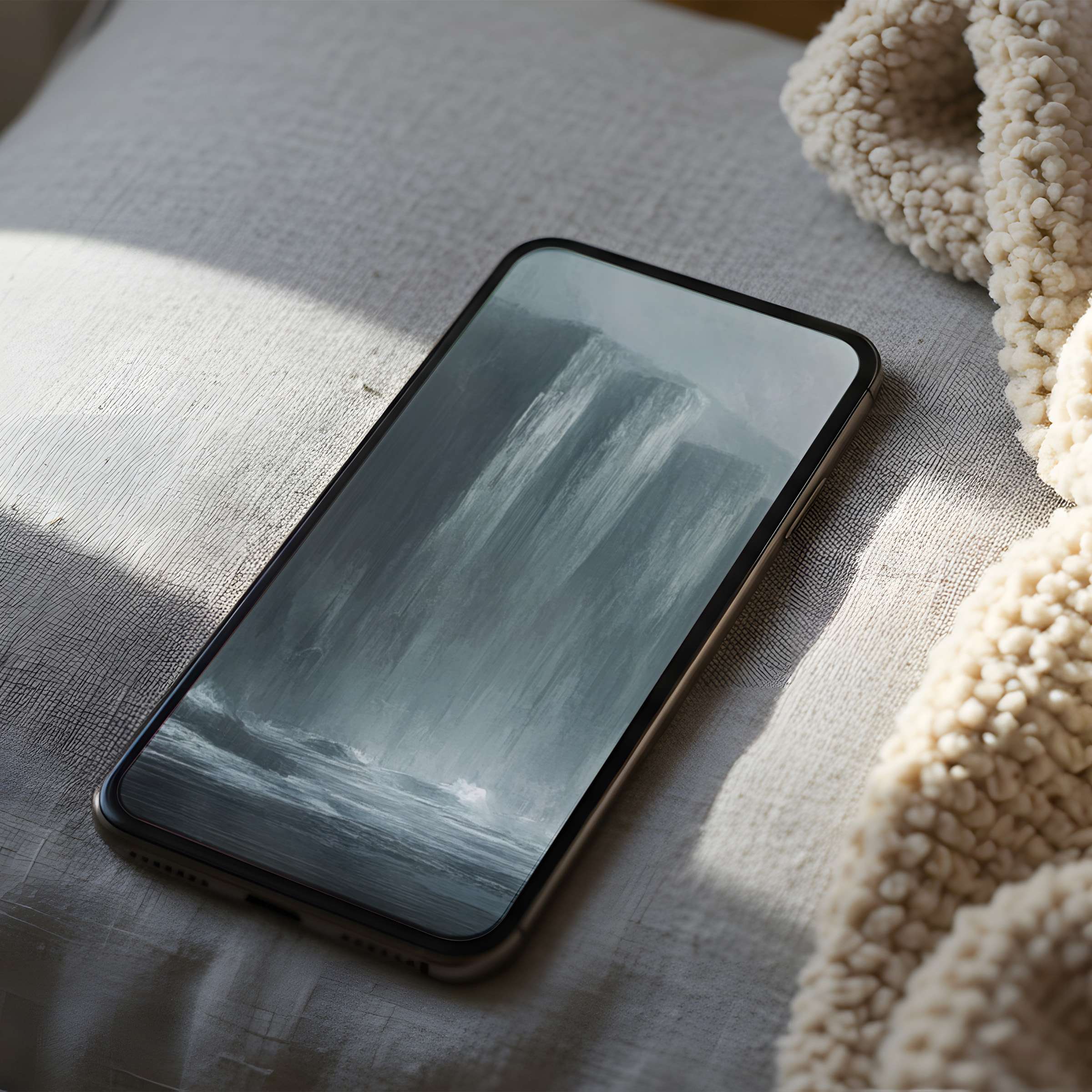 Elegant phone wallpaper featuring a serene waterfall painting in calming grays, perfect for iPhone and Android, high-resolution download