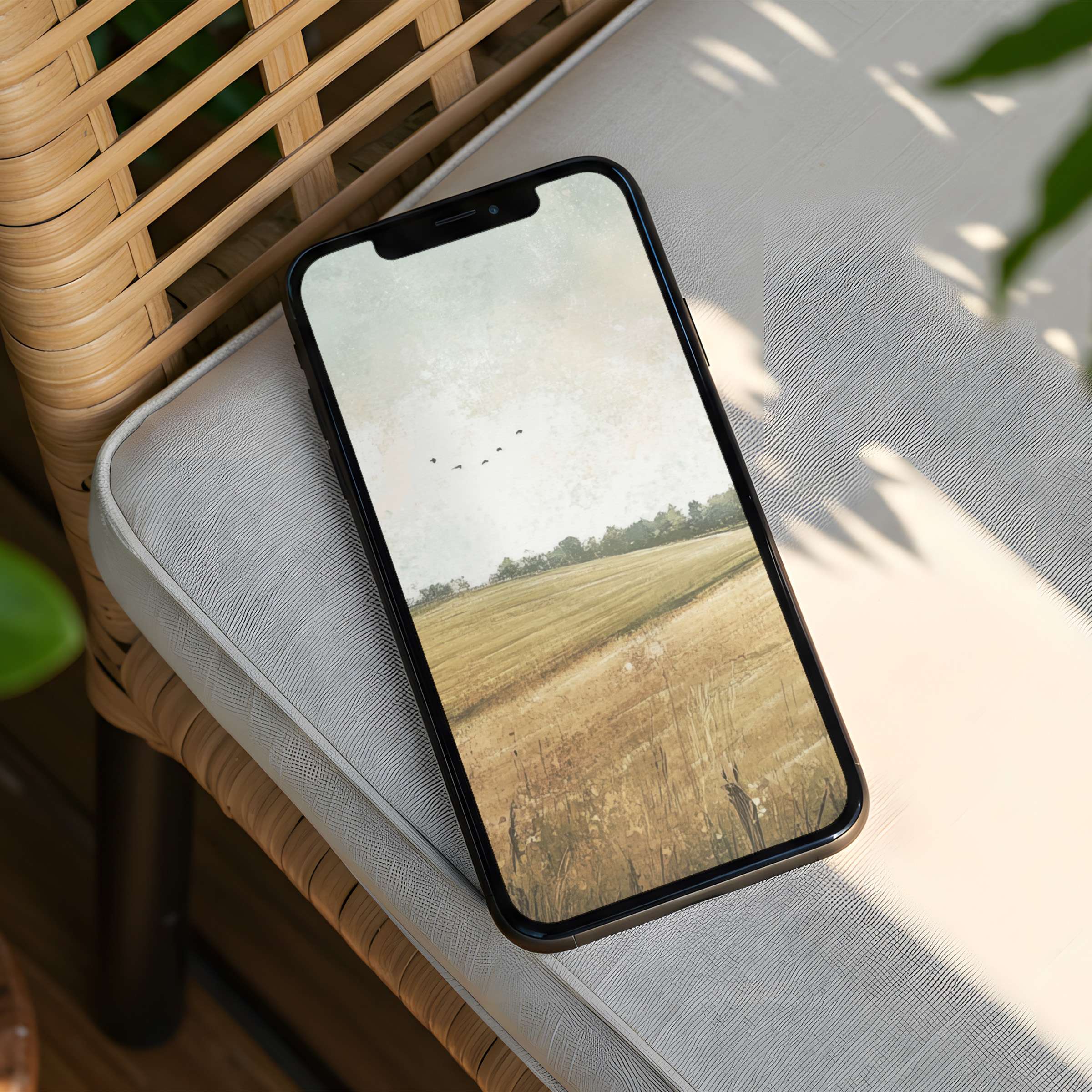 Elegant iPhone background featuring serene wheat fields and soothing sky evokes calm and mindfulness instant download for phone