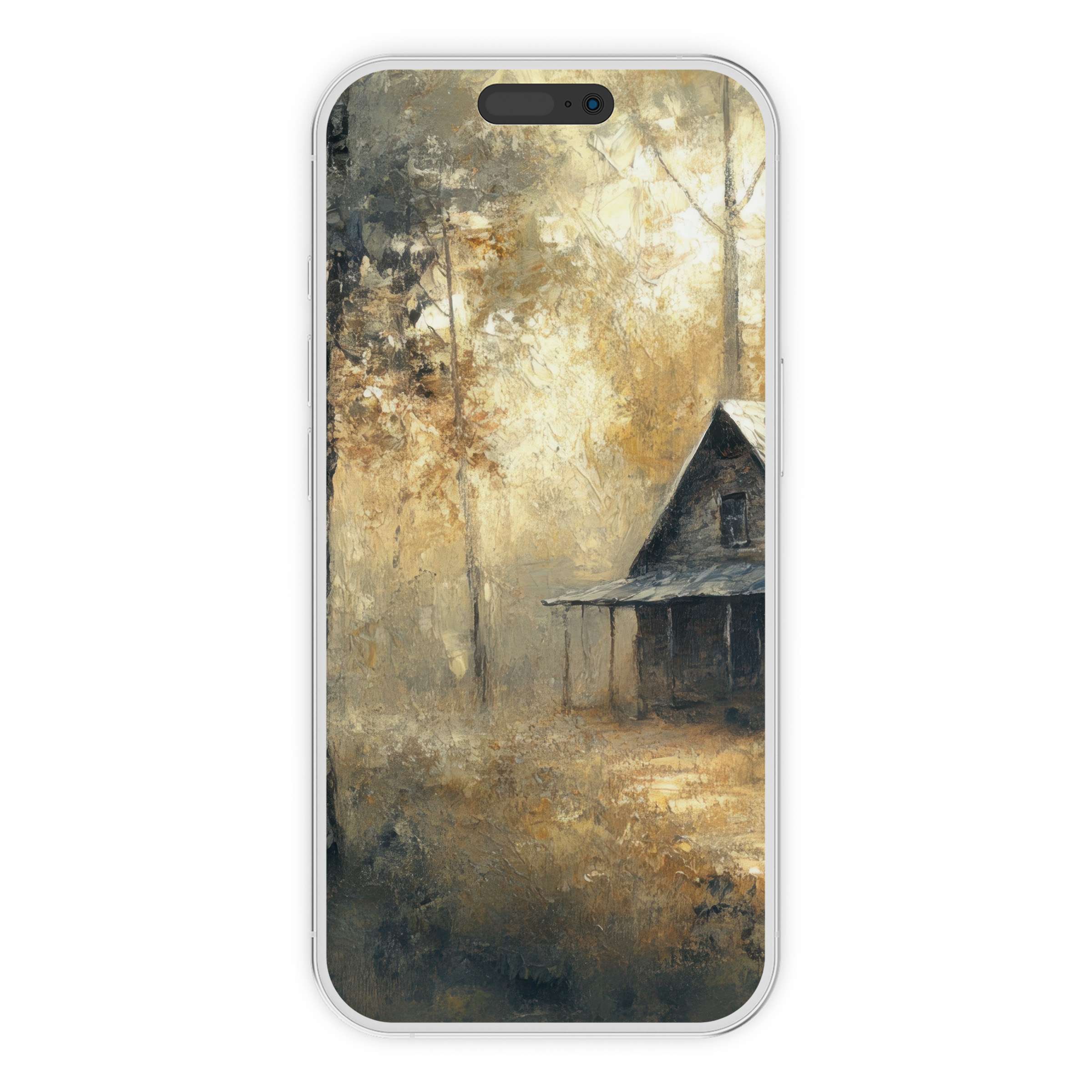Serene landscape iPhone wallpaper with a rustic cottage in autumn hues, perfect phone background for calm digital download allure