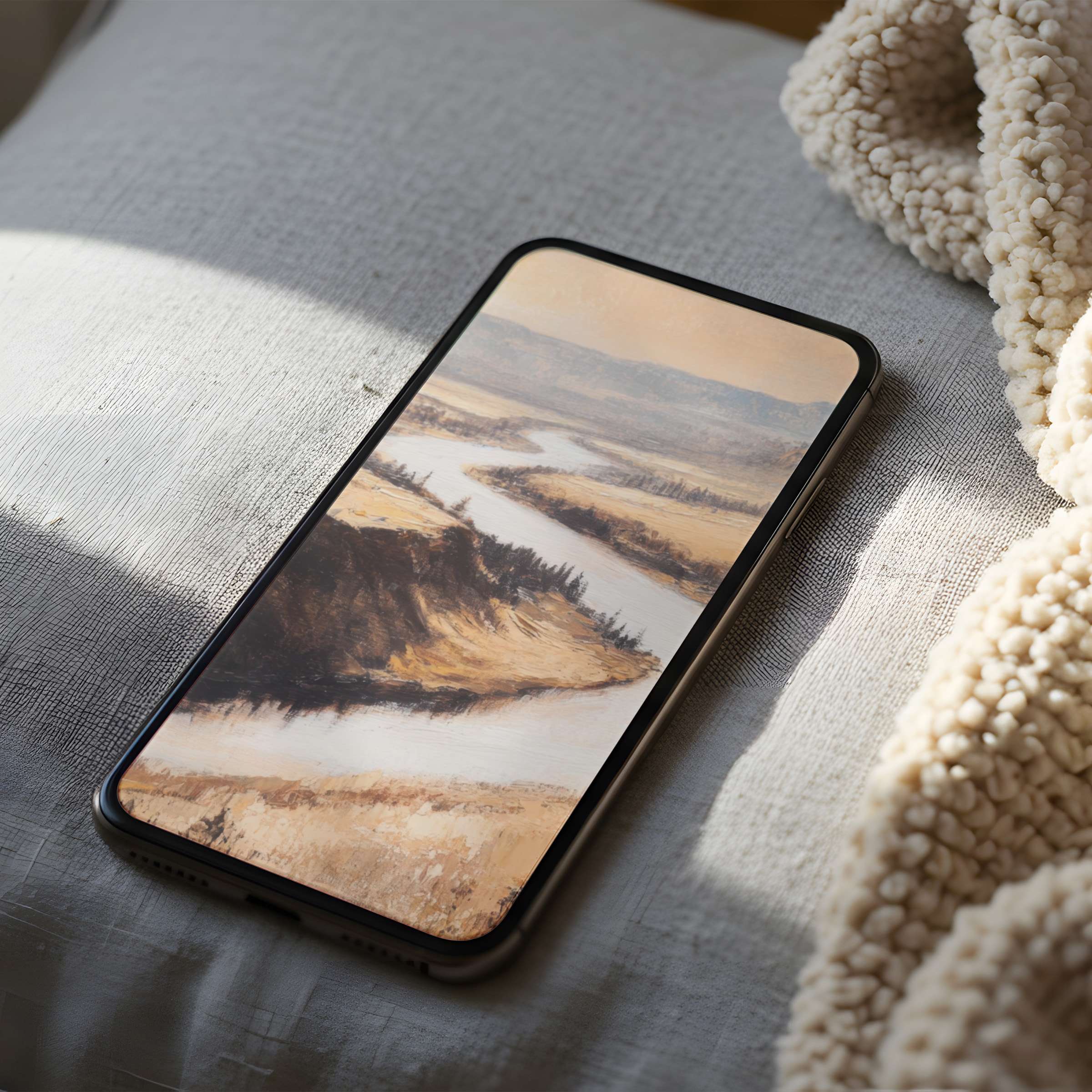 Elegant phone wallpaper featuring a serene landscape painting in warm tones, suitable for iPhone and android, enhancing tranquility