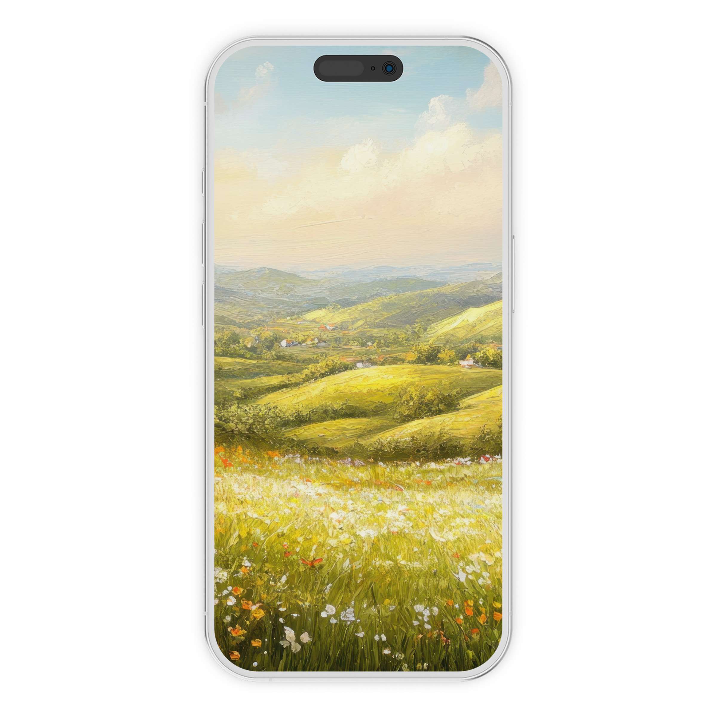 Elegant landscape iPhone wallpaper featuring serene rolling hills and fields, perfect digital download background for phone tranquility