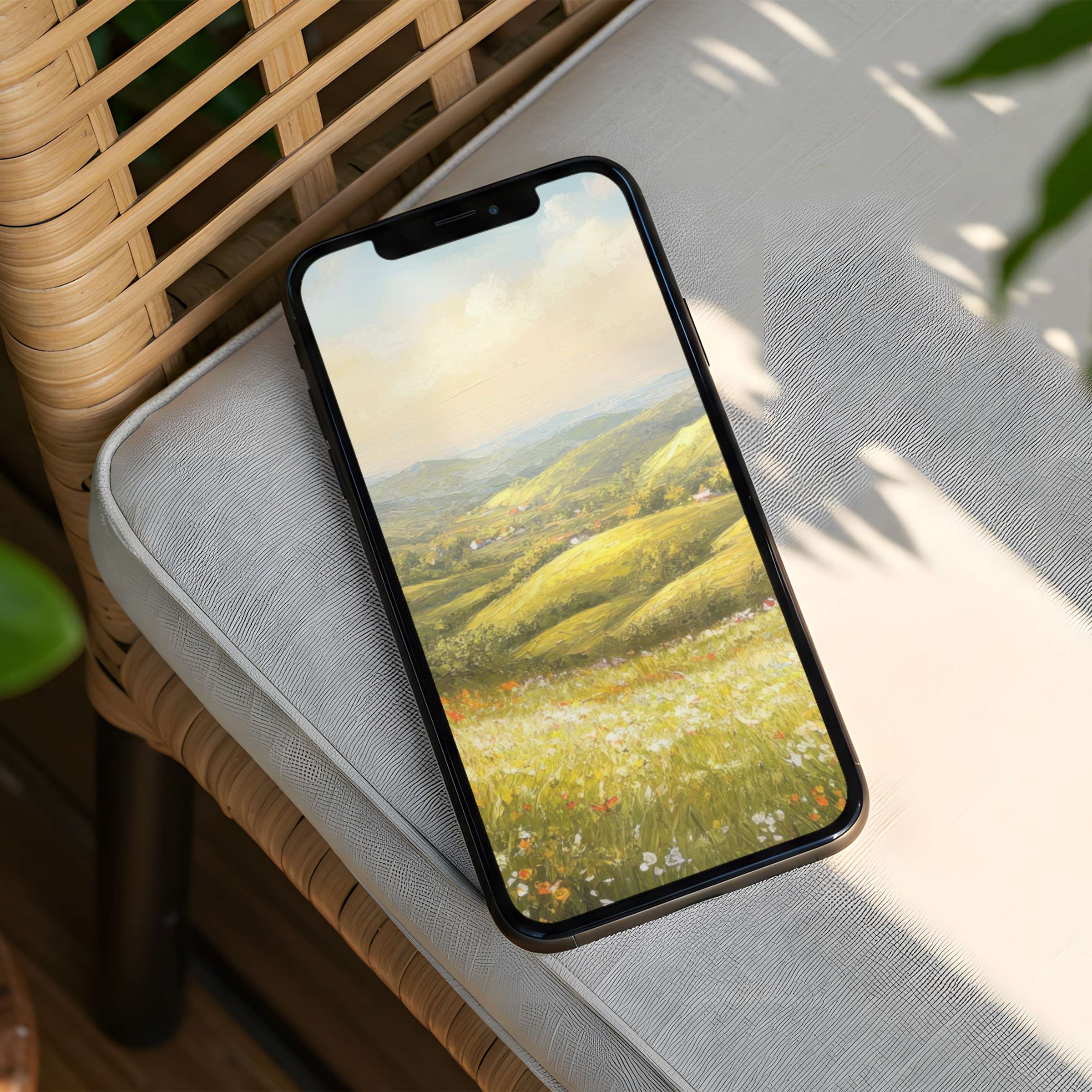 Bask in serene elegance with this iPhone background featuring lush green hills and floral meadows for instant download on your phone