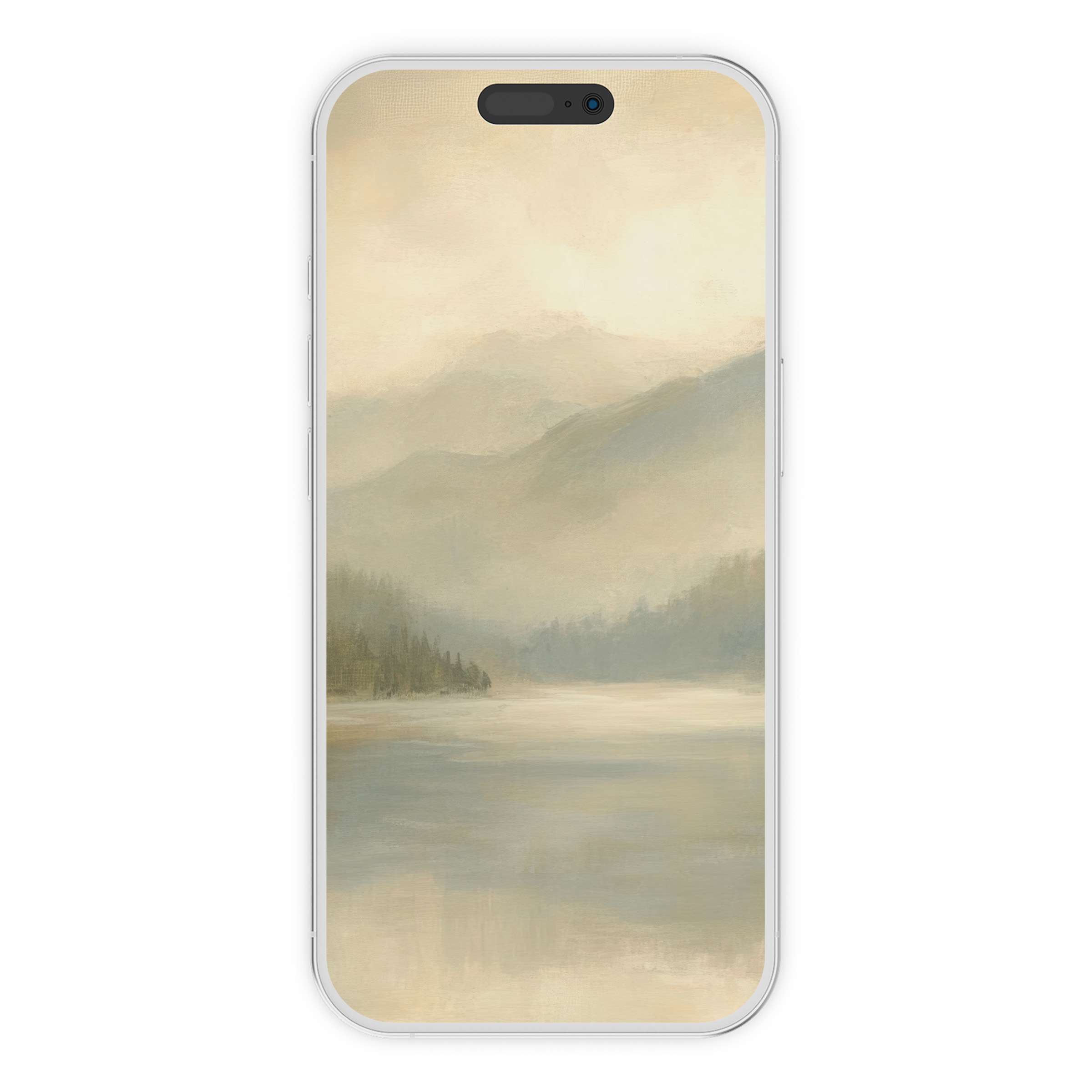 Serene landscape iPhone wallpaper features misty mountains and tranquil lake, perfect digital download for a calming phone background