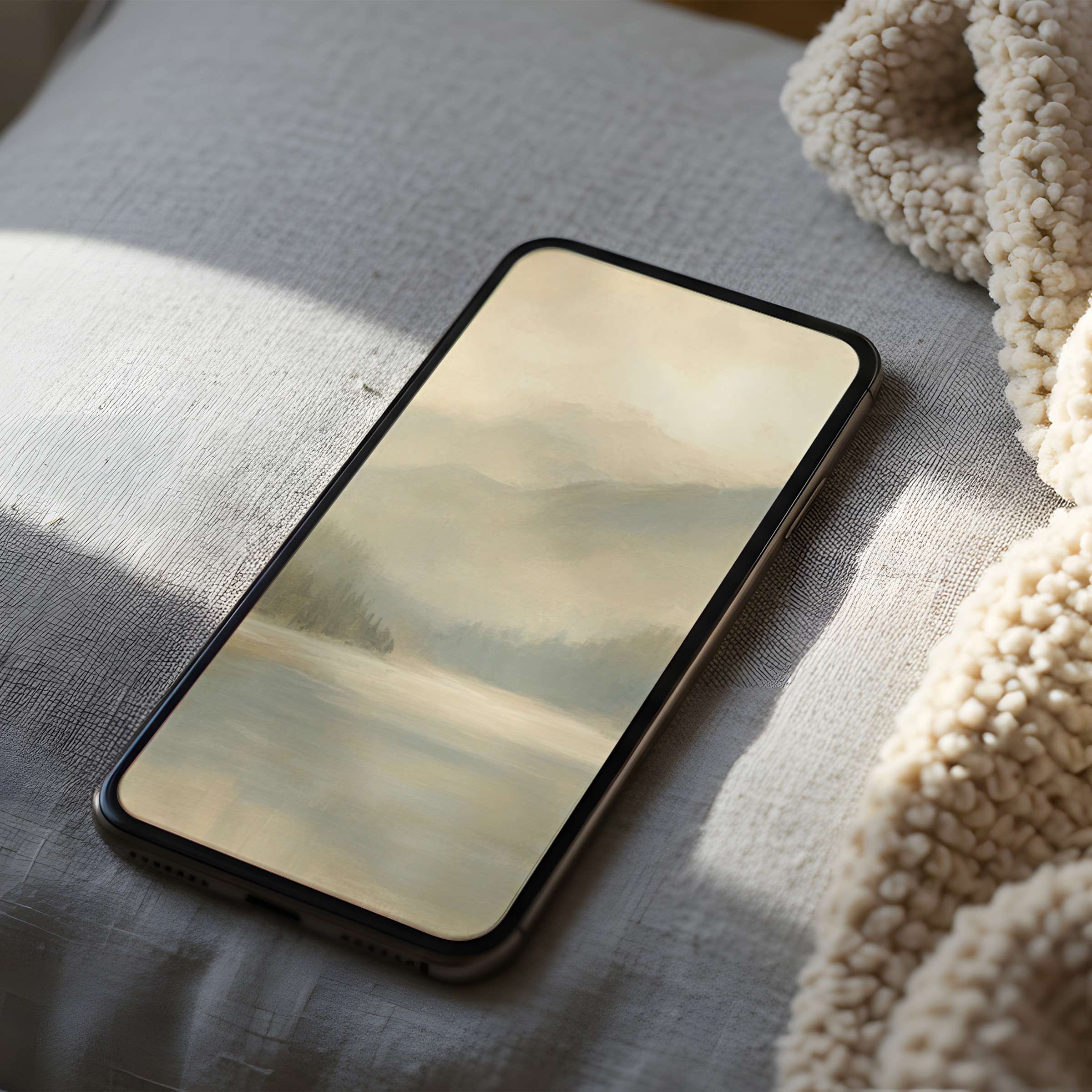 Ethereal mountain landscape phone wallpaper in soft hues offers calm elegance, suitable for high-resolution iPhone digital download