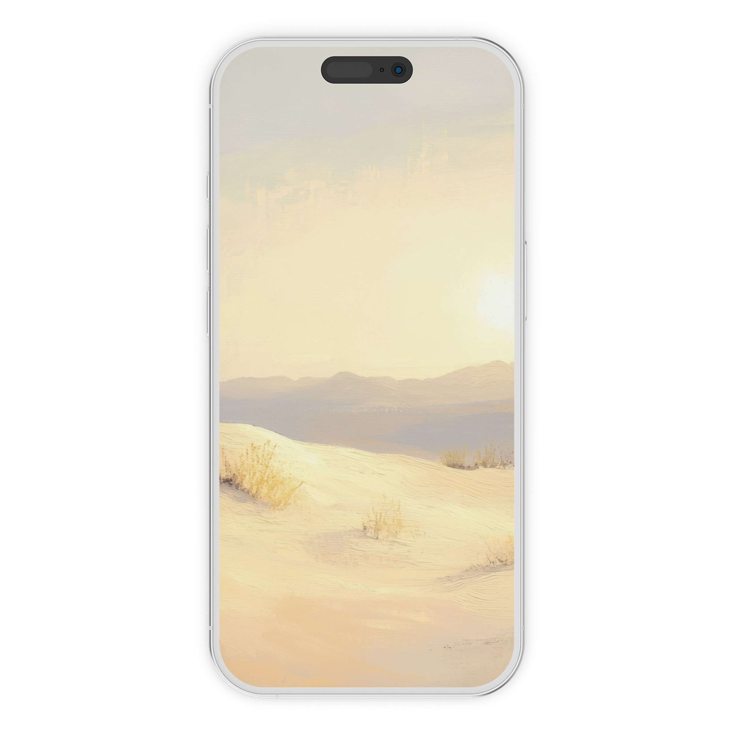Serene desert landscape iPhone wallpaper with soft golden hues and gentle textures, perfect phone background digital download for calmness