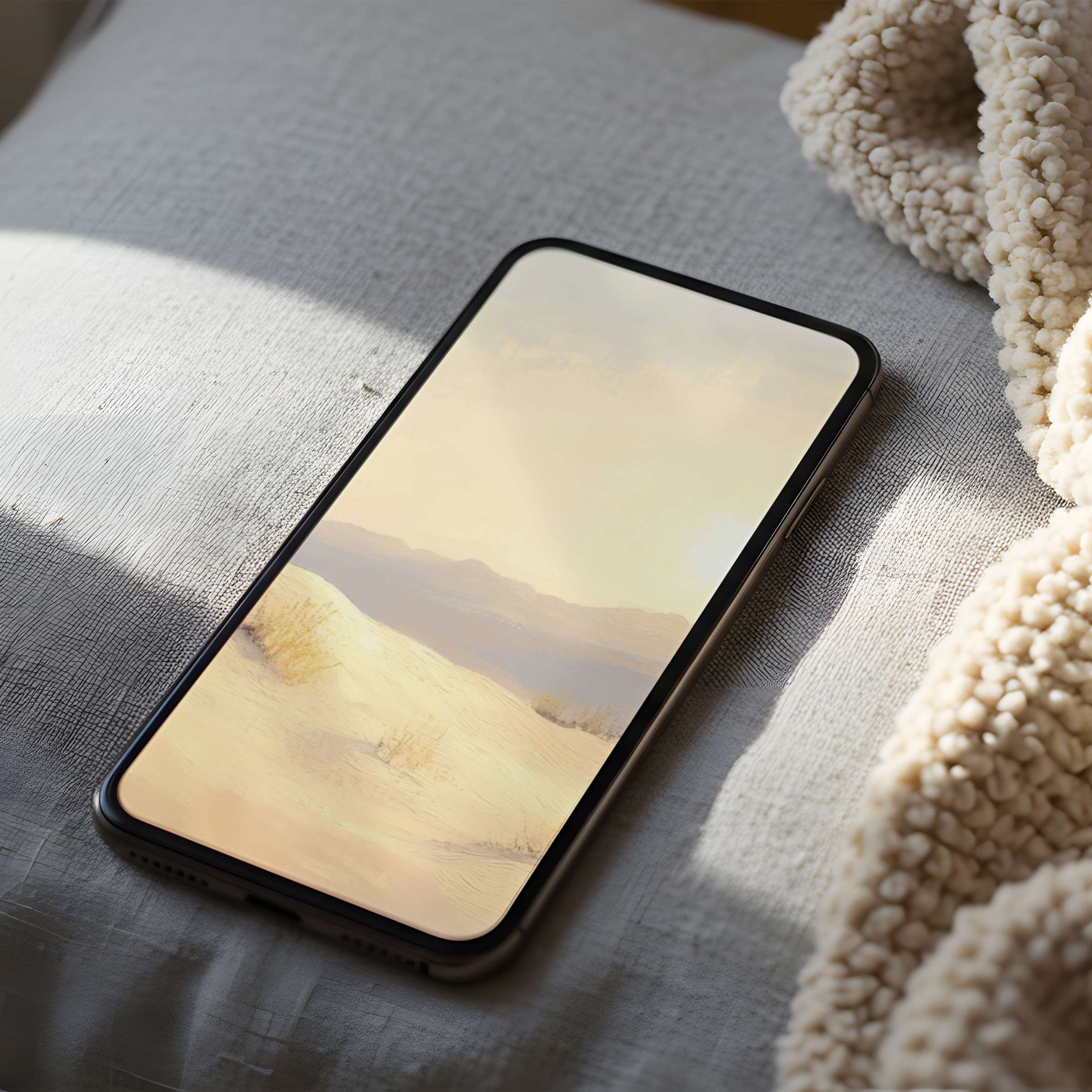 Elegant desert landscape phone wallpaper with soft beige tones on a high resolution iPhone, evoking calm and sustainable beauty