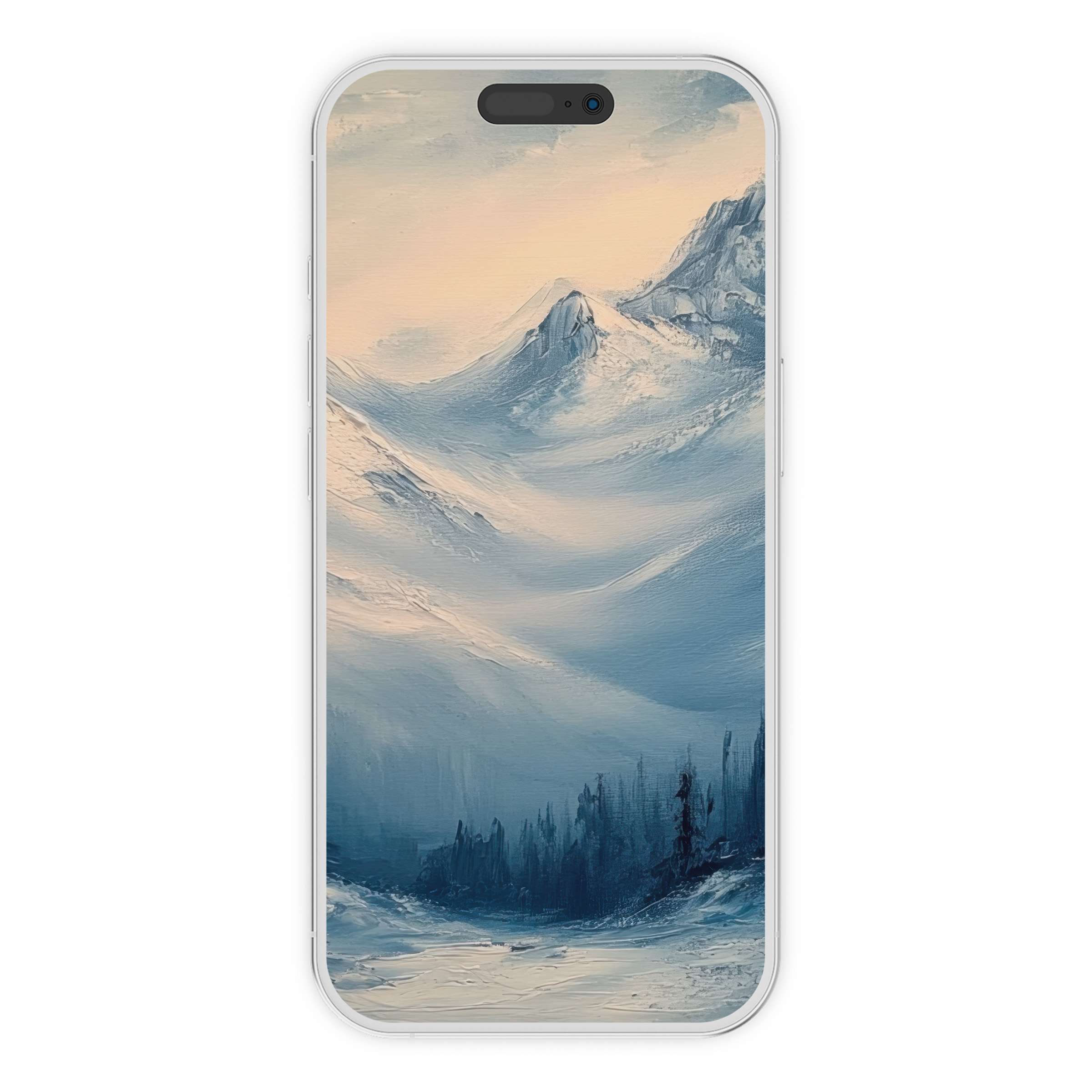Serene landscape iPhone wallpaper featuring misty blue mountains and soft peach skies for a tranquil, elegant phone background digital download