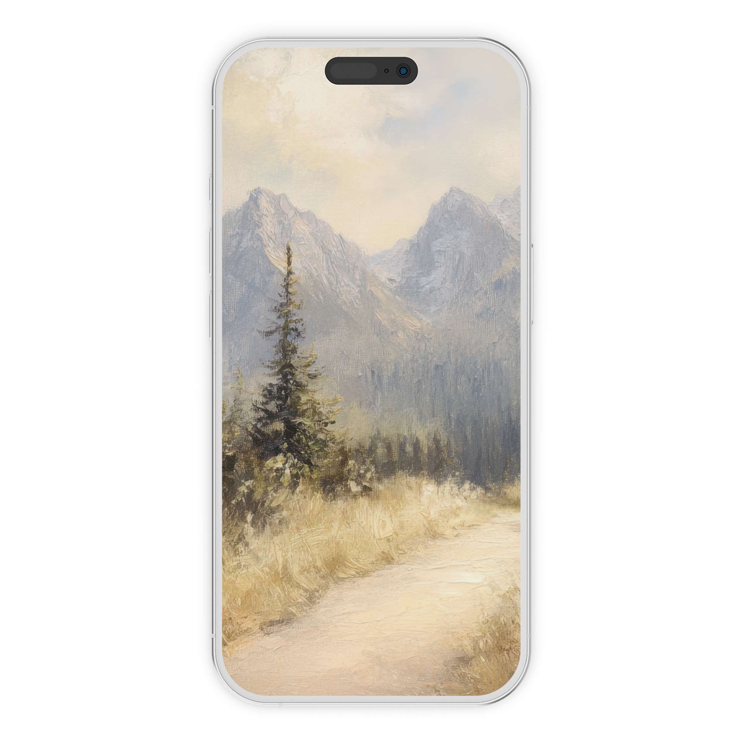 Dreamy landscape iPhone wallpaper featuring serene mountains and trees in soft hues, perfect phone background digital download