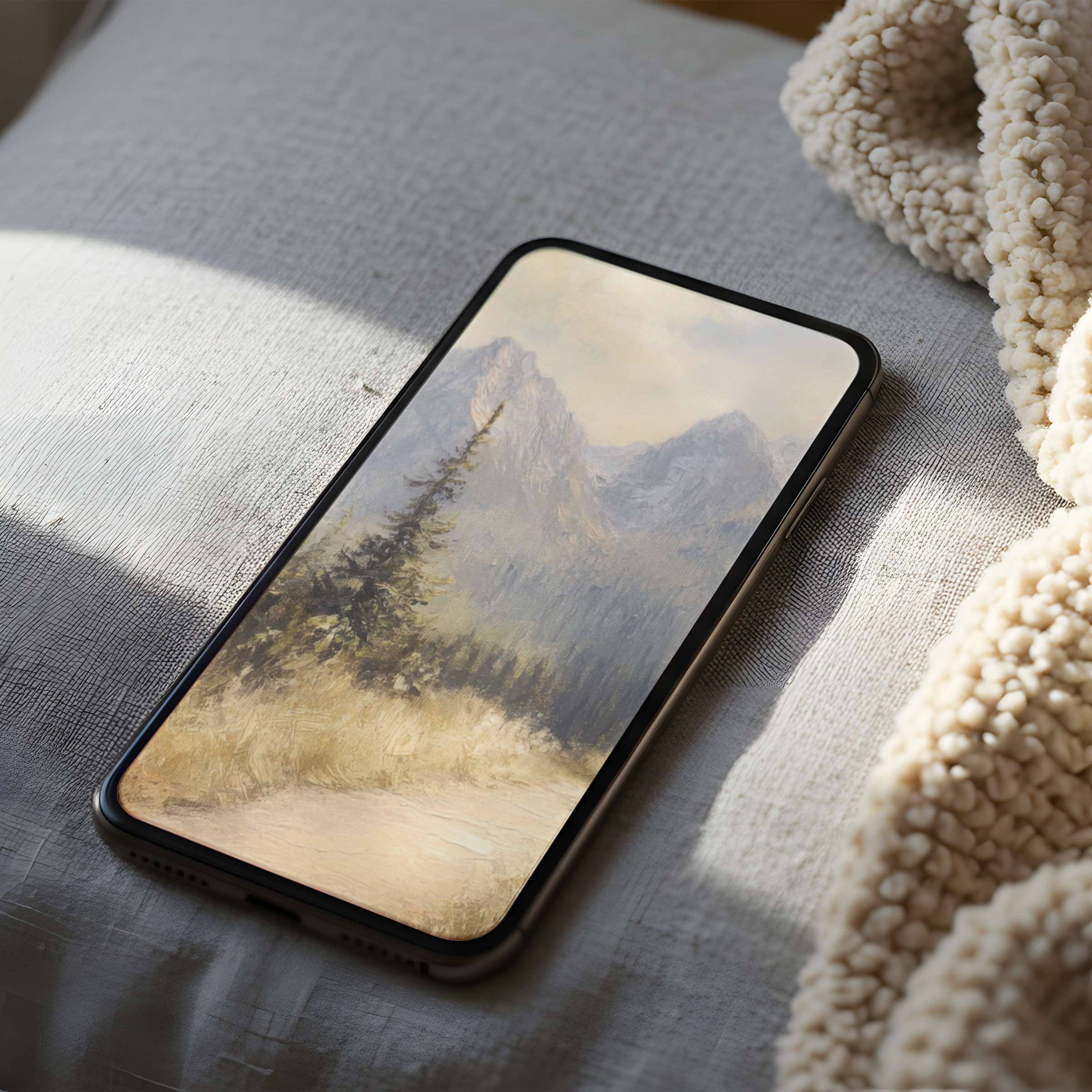 Tranquil phone wallpaper featuring serene mountain landscape in soft pastels, perfect for high resolution digital download on iPhone or Android