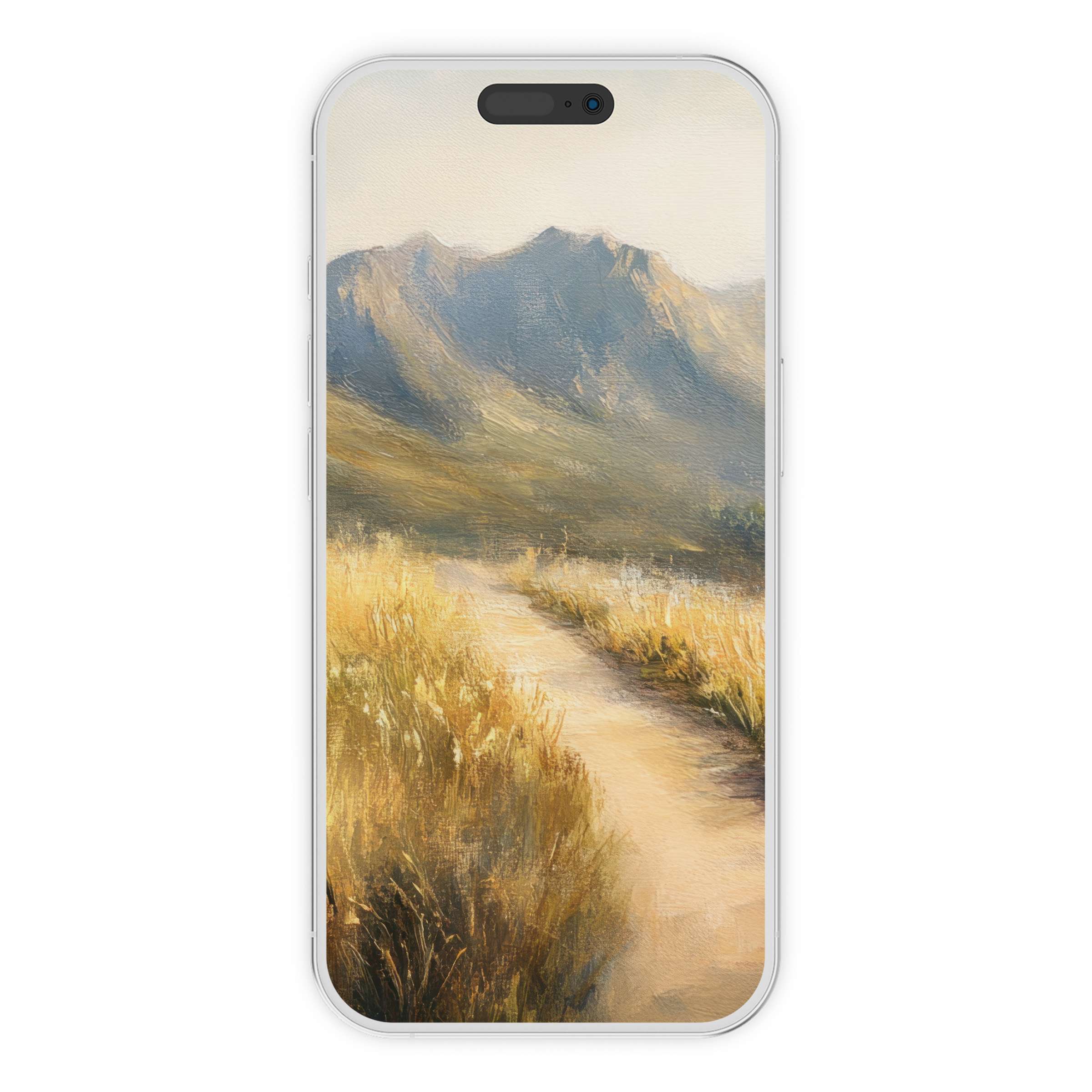 Elegant landscape iPhone wallpaper with serene path through golden fields under soft mountains offers a calming digital download background for phones