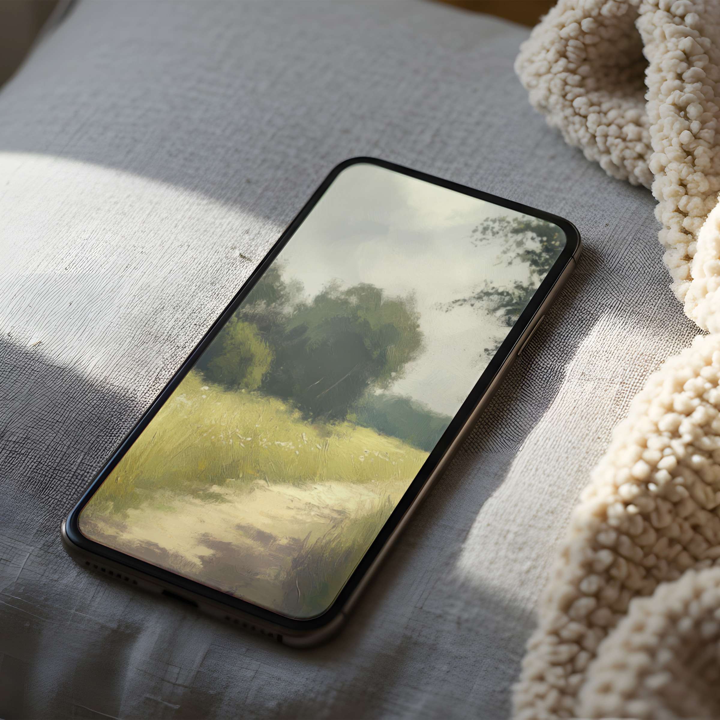 Serene landscape phone wallpaper featuring lush greenery and soft skies, perfect for iPhone or Android digital download lovers