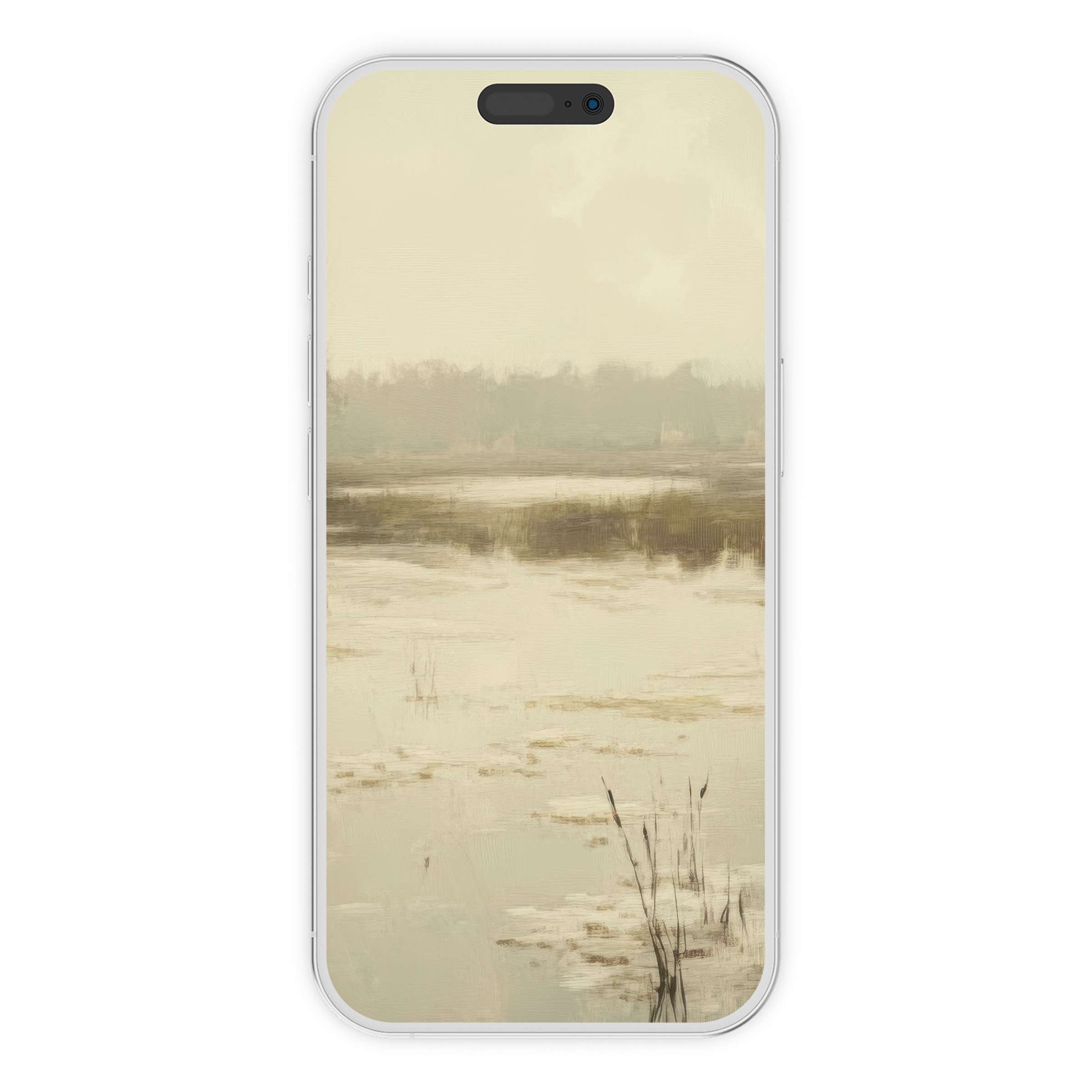 Serene landscape iPhone wallpaper featuring muted beige and gray tones offers a calming phone background for digital download companions
