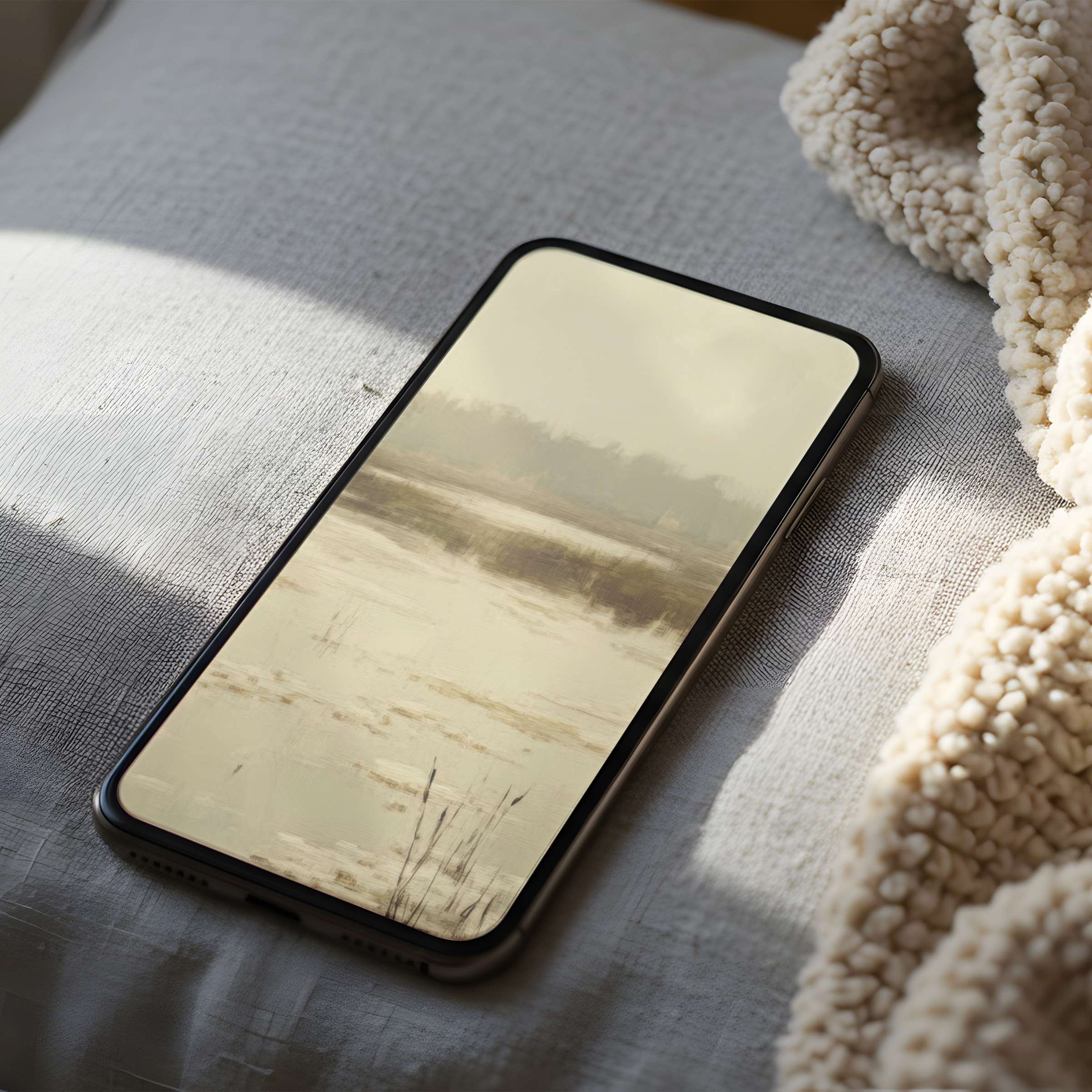 Calming phone wallpaper with serene, muted landscape design, perfect for iPhone and Android, offering high resolution digital download