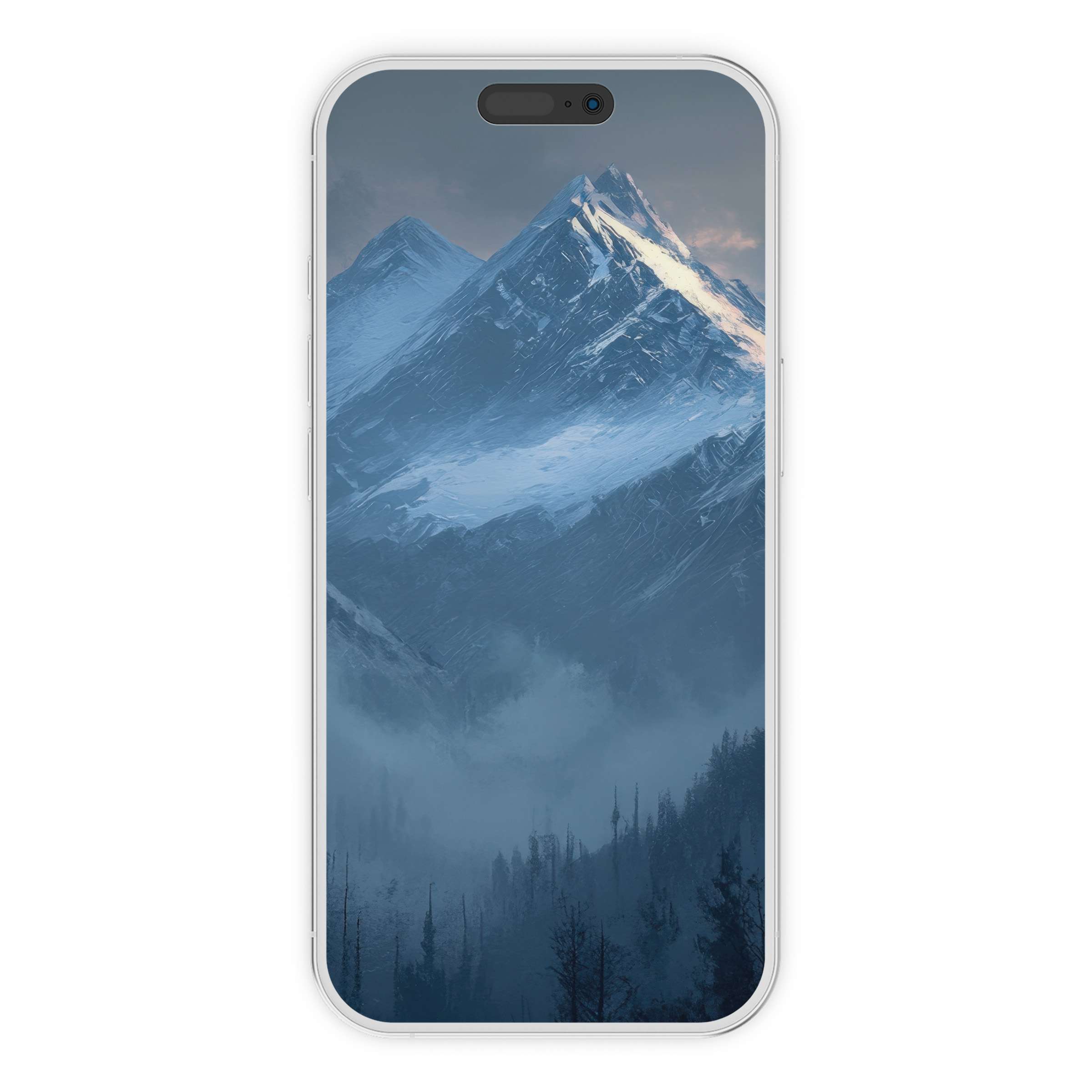 Elegant landscape iPhone wallpaper showcasing misty blue mountains, ideal phone background for digital download and serene aesthetic