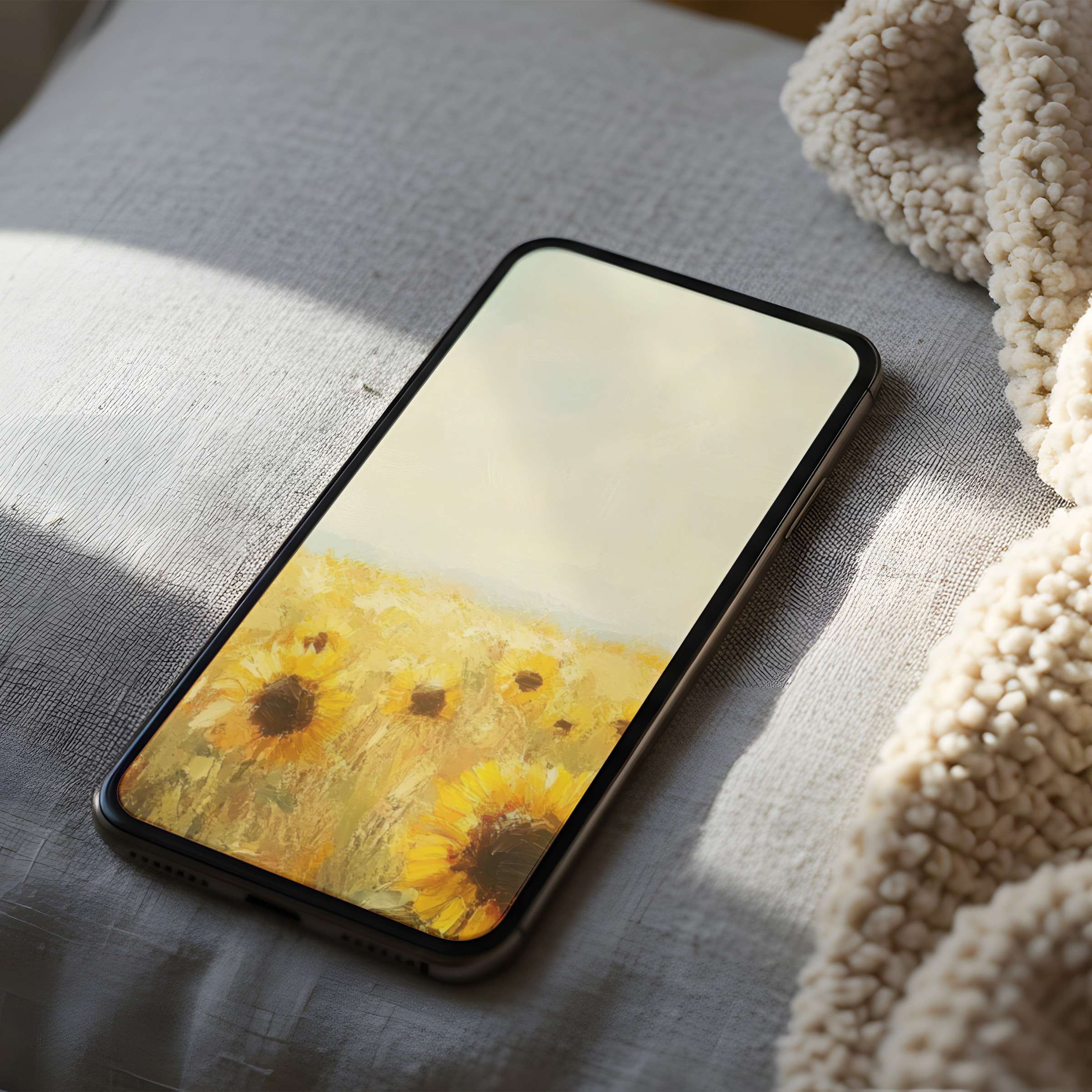 Sunlit sunflower field phone wallpaper exudes serene elegance, perfect for iPhone or Android, offering high resolution digital warmth