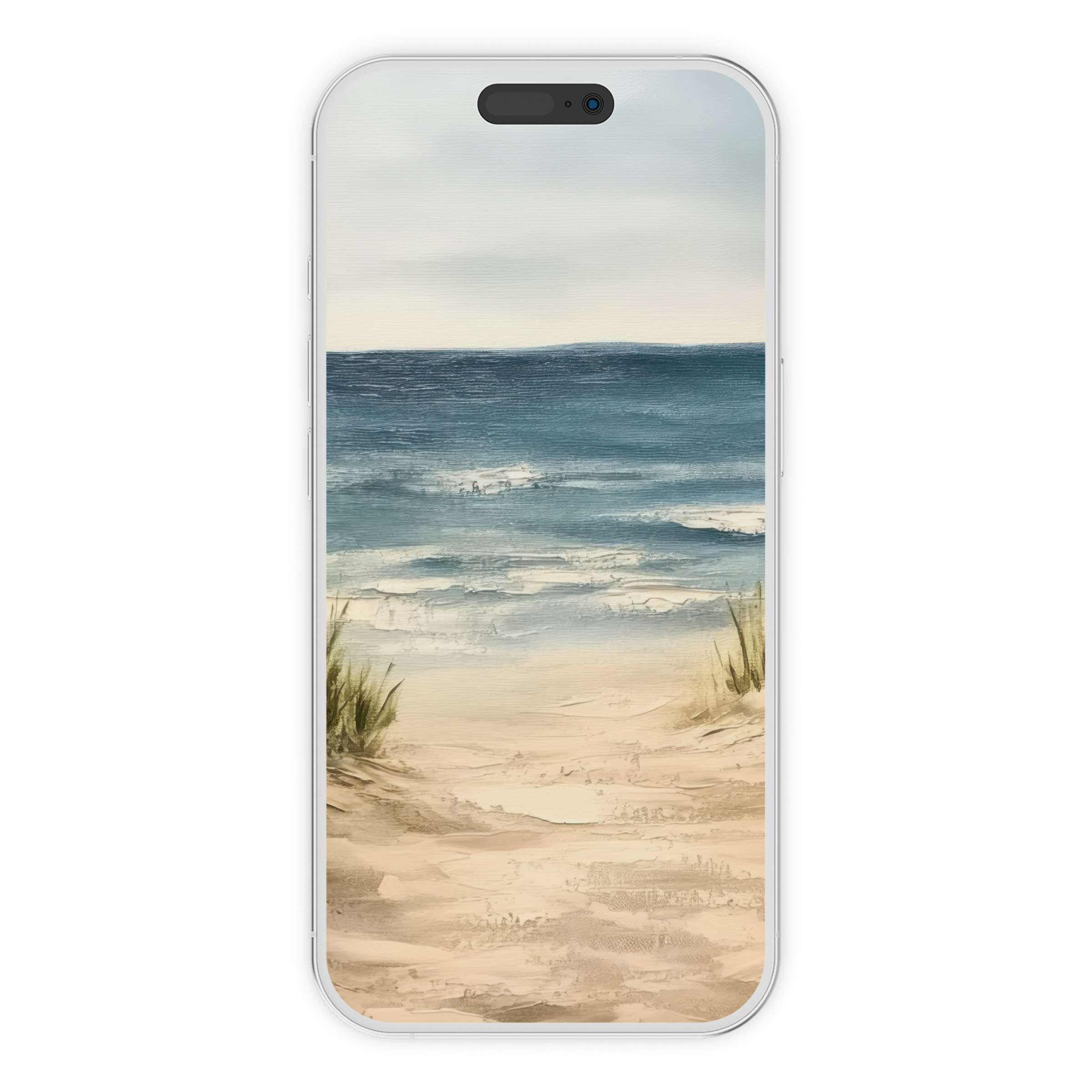 Serene beach landscape iPhone wallpaper digital download with soft blue waves and sandy path perfect phone background for all devices