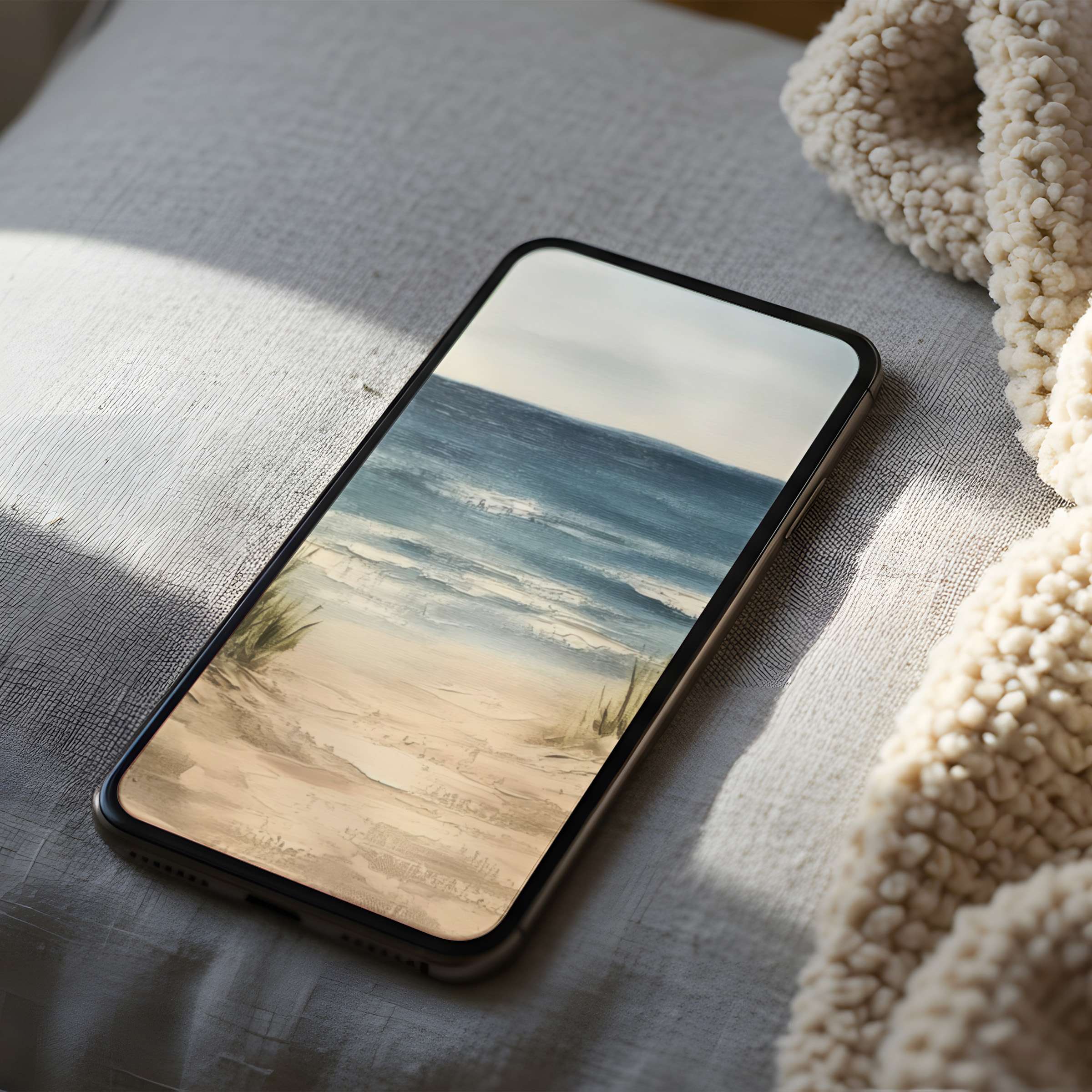 Tranquil ocean phone wallpaper with soft sand and waves evokes calm, perfect for iPhone and Android digital download in high resolution
