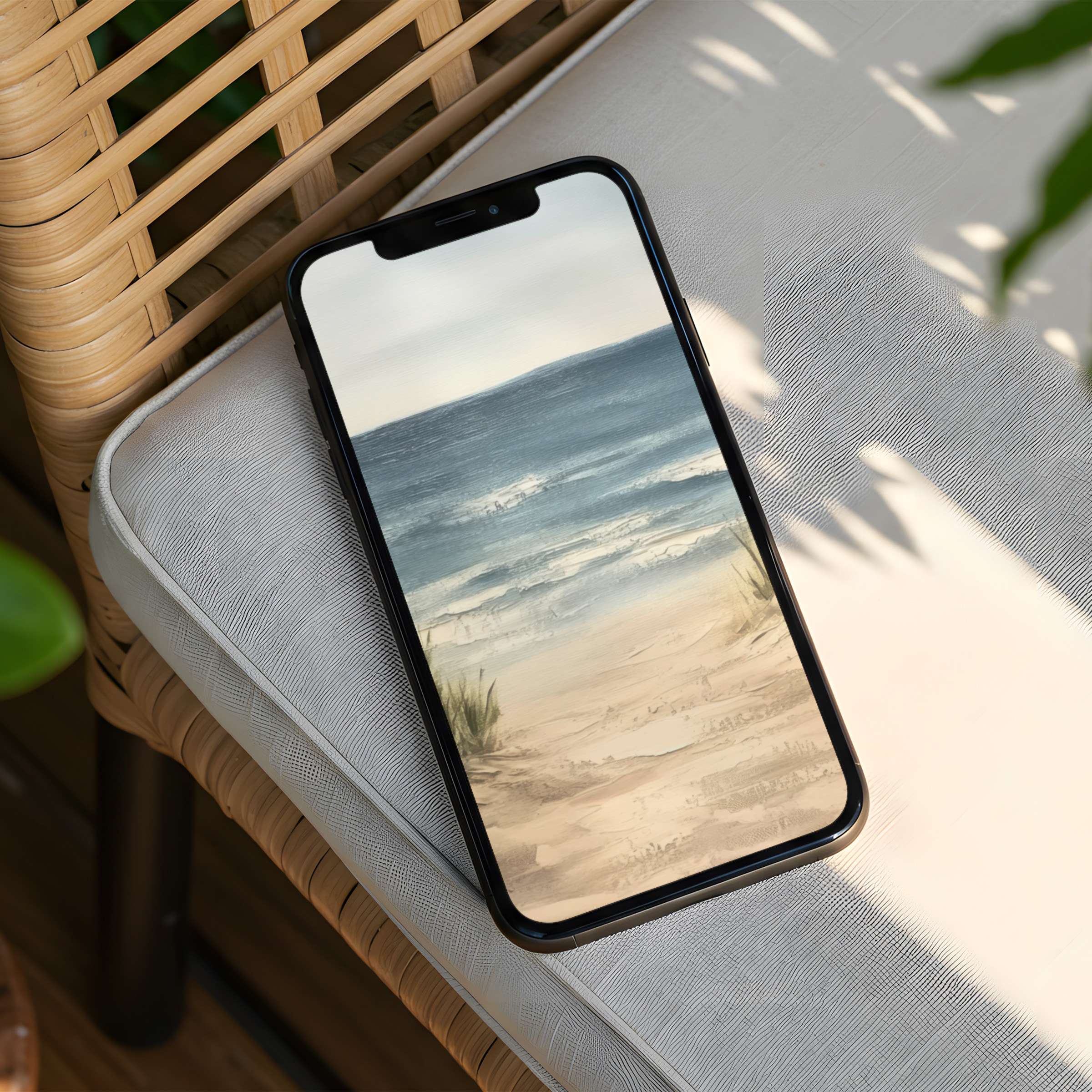 Calm beach scene iPhone background for instant download evokes mindfulness and elegance fits any phone with serene aesthetics