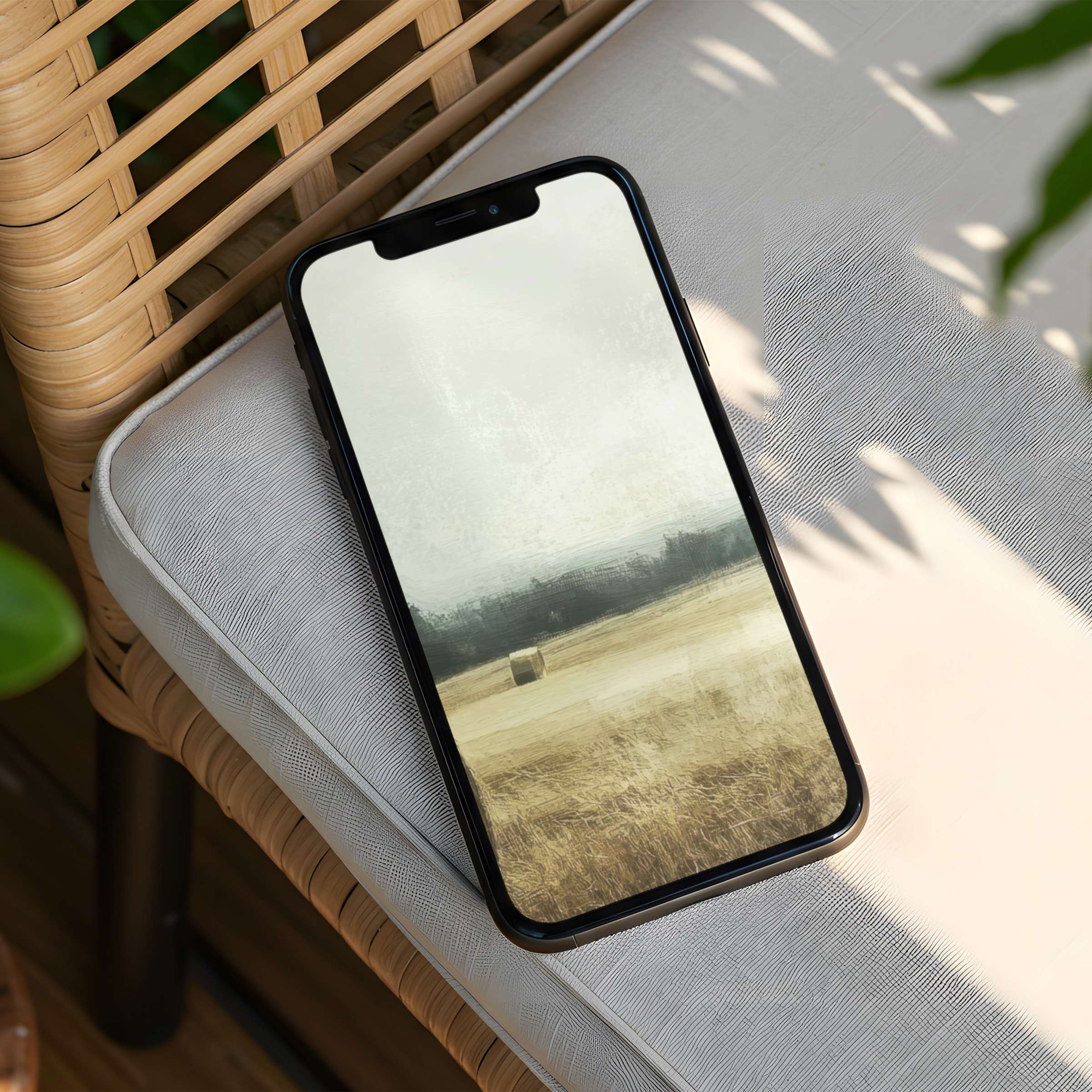 Serene iPhone background with earthy fields and misty skies inspiring mindfulness and elegance instant download for any phone