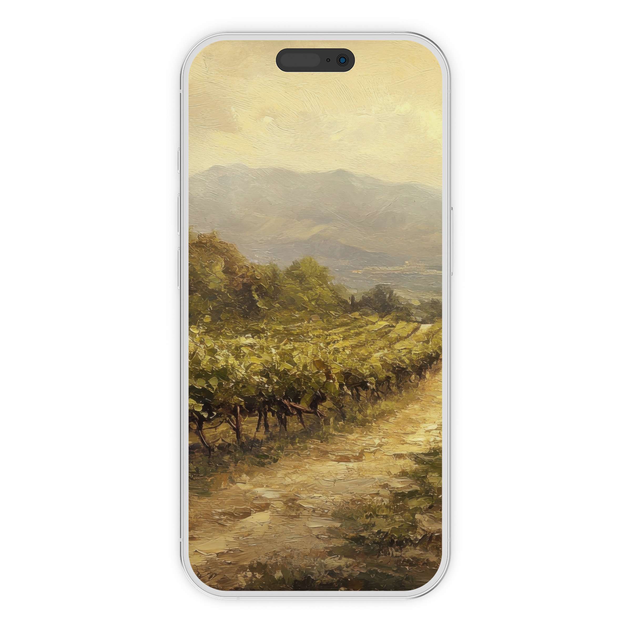 Elegant landscape iPhone wallpaper captures a serene vineyard path, offering a calming digital download for your phone background