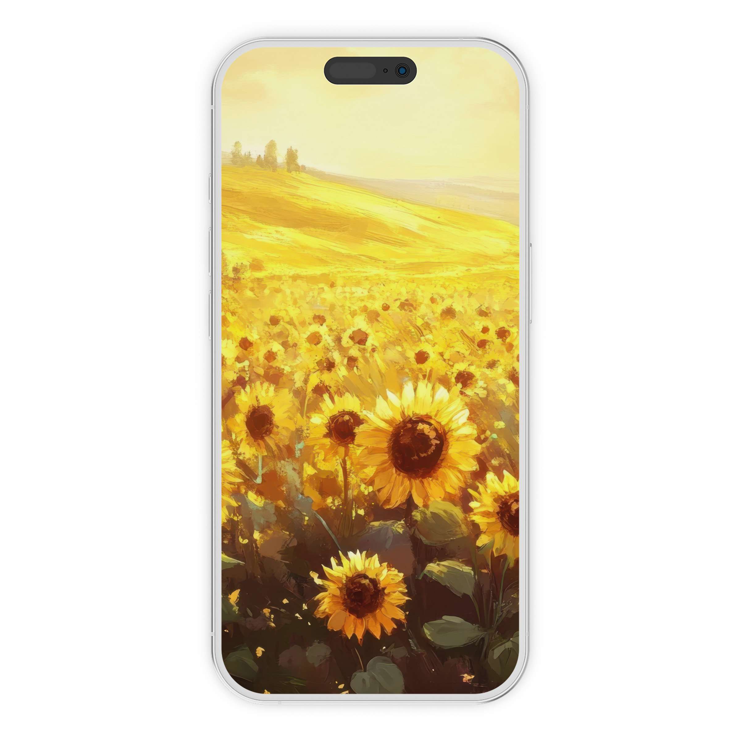 Golden sunflower fields in a serene landscape iPhone wallpaper create a calming digital download phone background for all devices