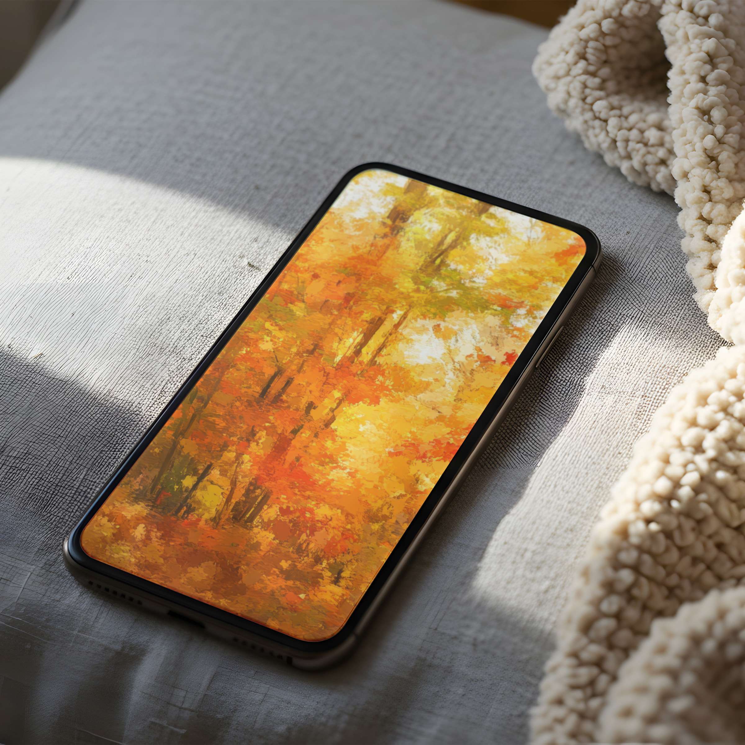 Autumn-themed phone wallpaper with vibrant oranges and yellows evokes serenity; high-resolution digital download for iPhone and android