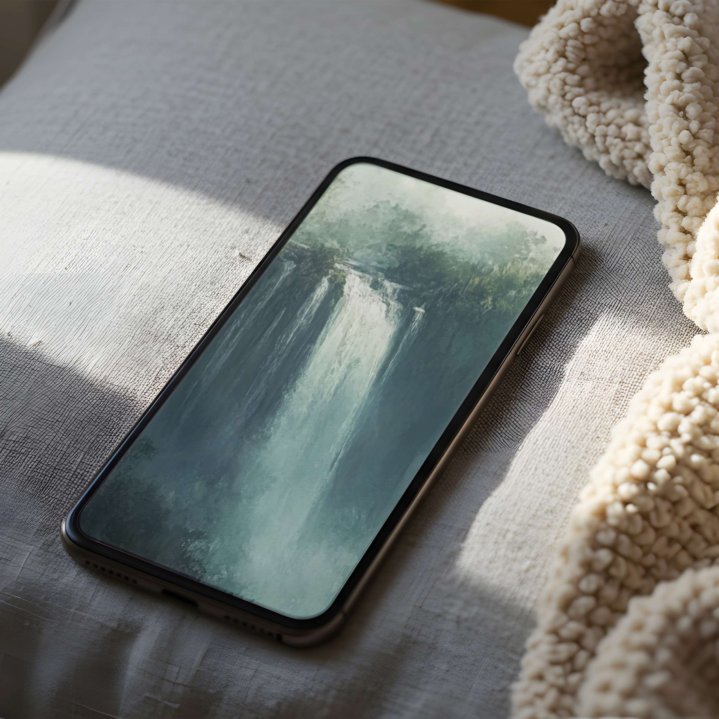 Elegant phone wallpaper with a serene waterfall motif in high resolution, perfect for iPhone and Android, calming digital download