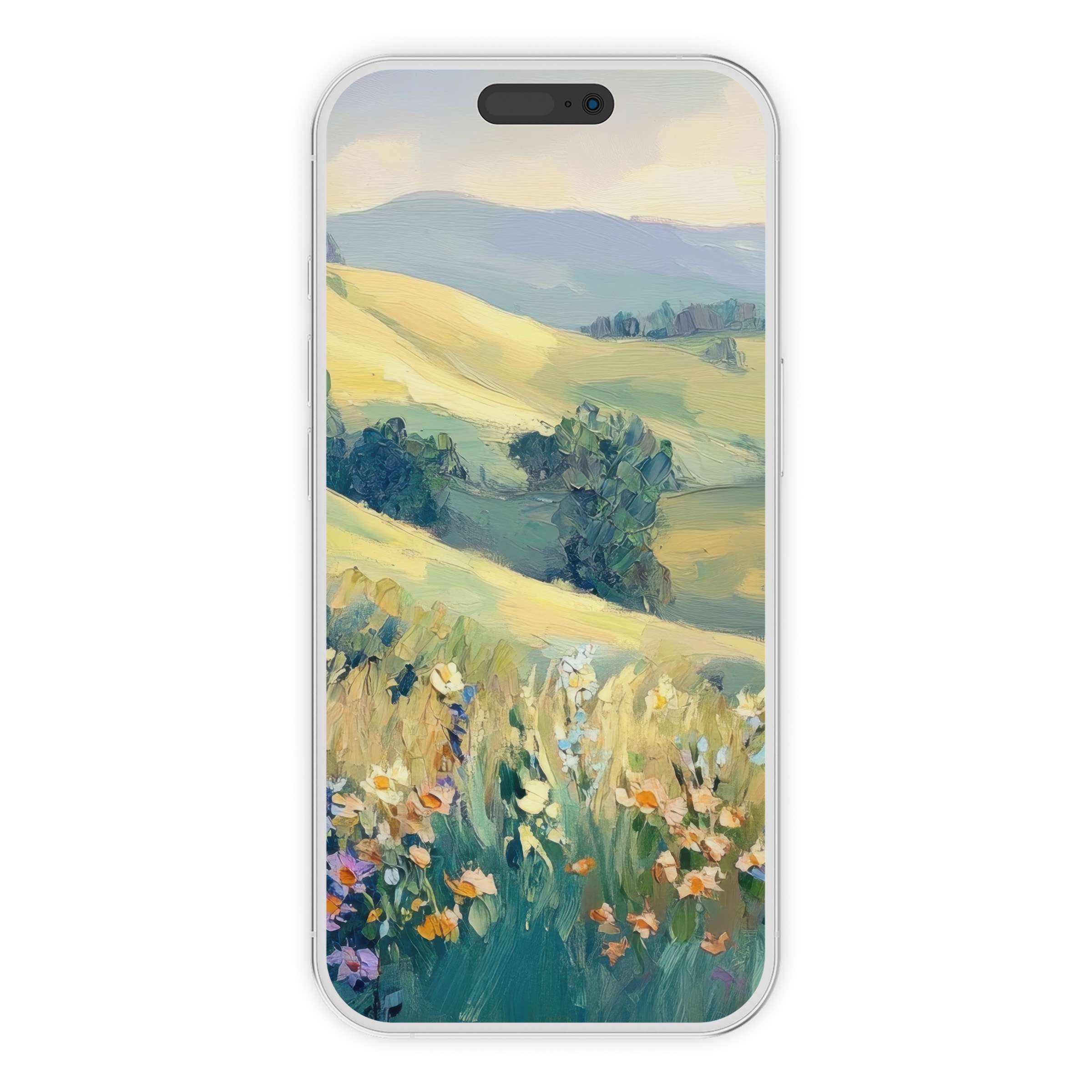 Elegant digital download of a calming landscape iPhone wallpaper, featuring soft hills and floral fields, perfect phone background