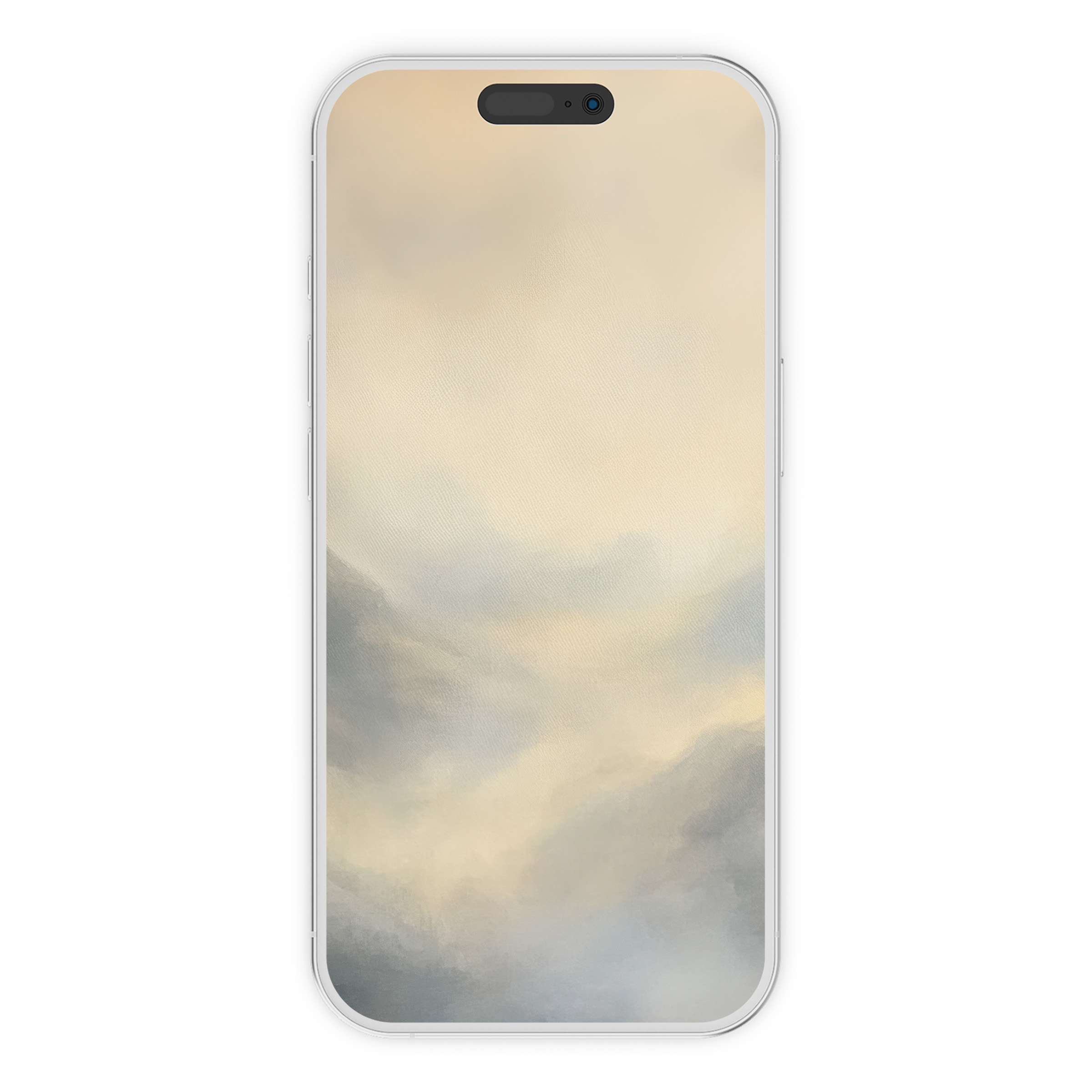 Tranquil landscape iPhone wallpaper featuring soft pastels and misty clouds, ideal phone background for digital download and serenity