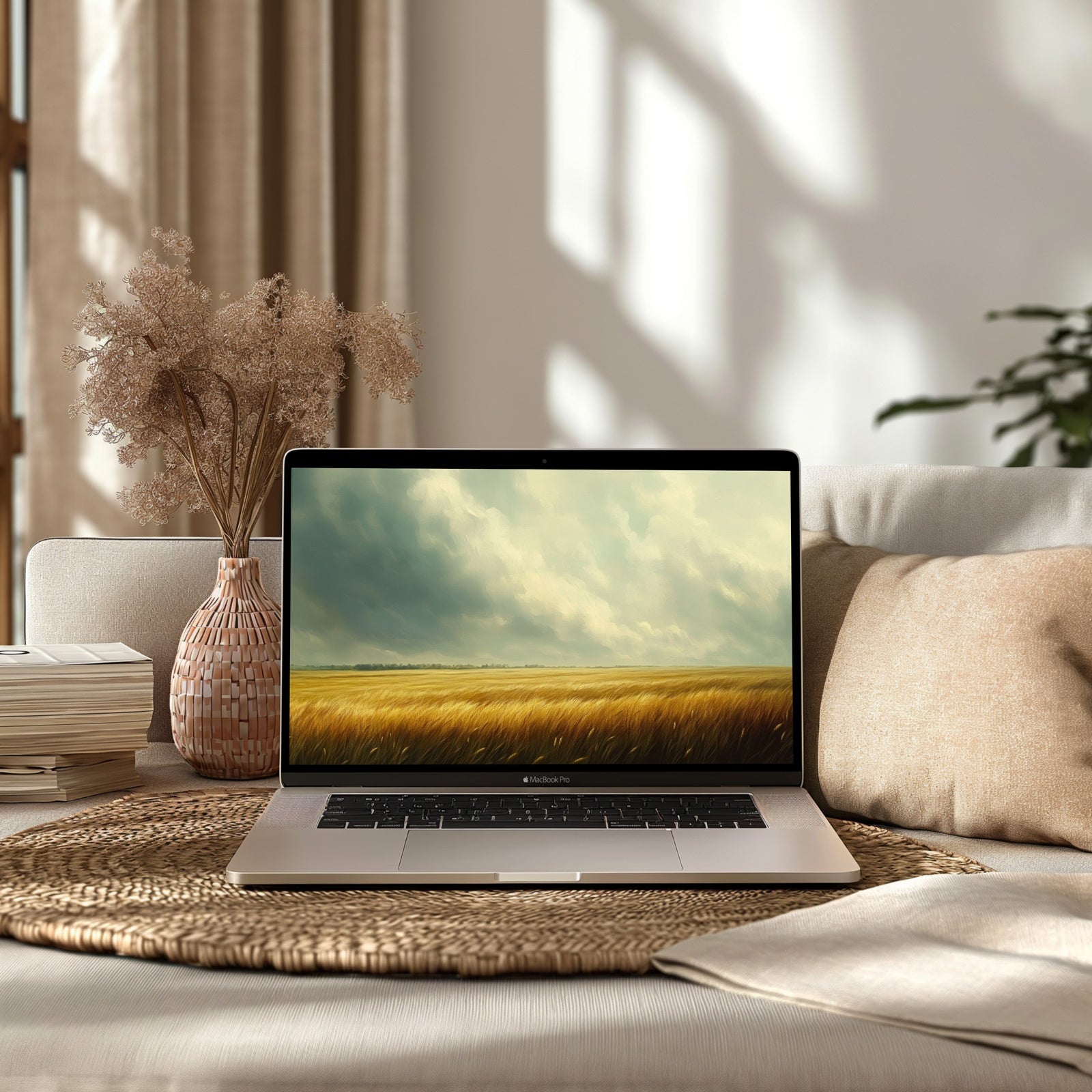 Landscape desktop wallpaper featuring a golden wheat field under soft clouds - a serene digital artwork that captures the beauty of nature and adds calm, timeless charm to your screen
