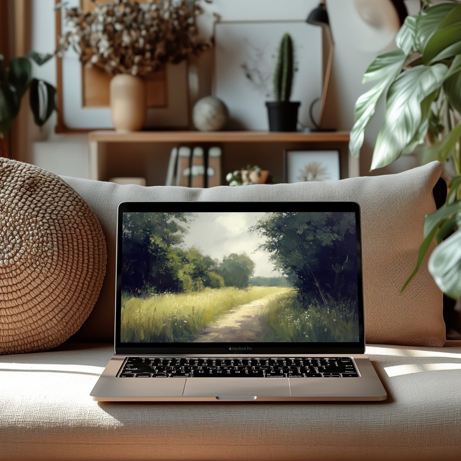 Serene landscape desktop wallpaper featuring a peaceful country path surrounded by lush greenery, soft sunlight, and painterly brushstrokes -perfect for creating a calm and inspiring digital workspace