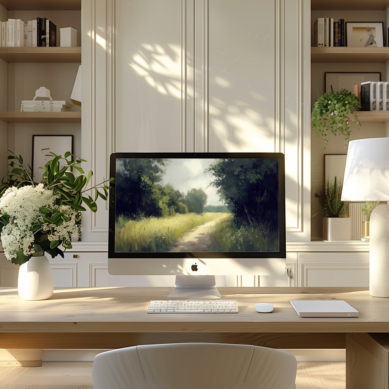 Landscape desktop wallpaper featuring a peaceful countryside path surrounded by sunlight and greenery, designed to bring calm, clarity, and natural inspiration to your digital workspace