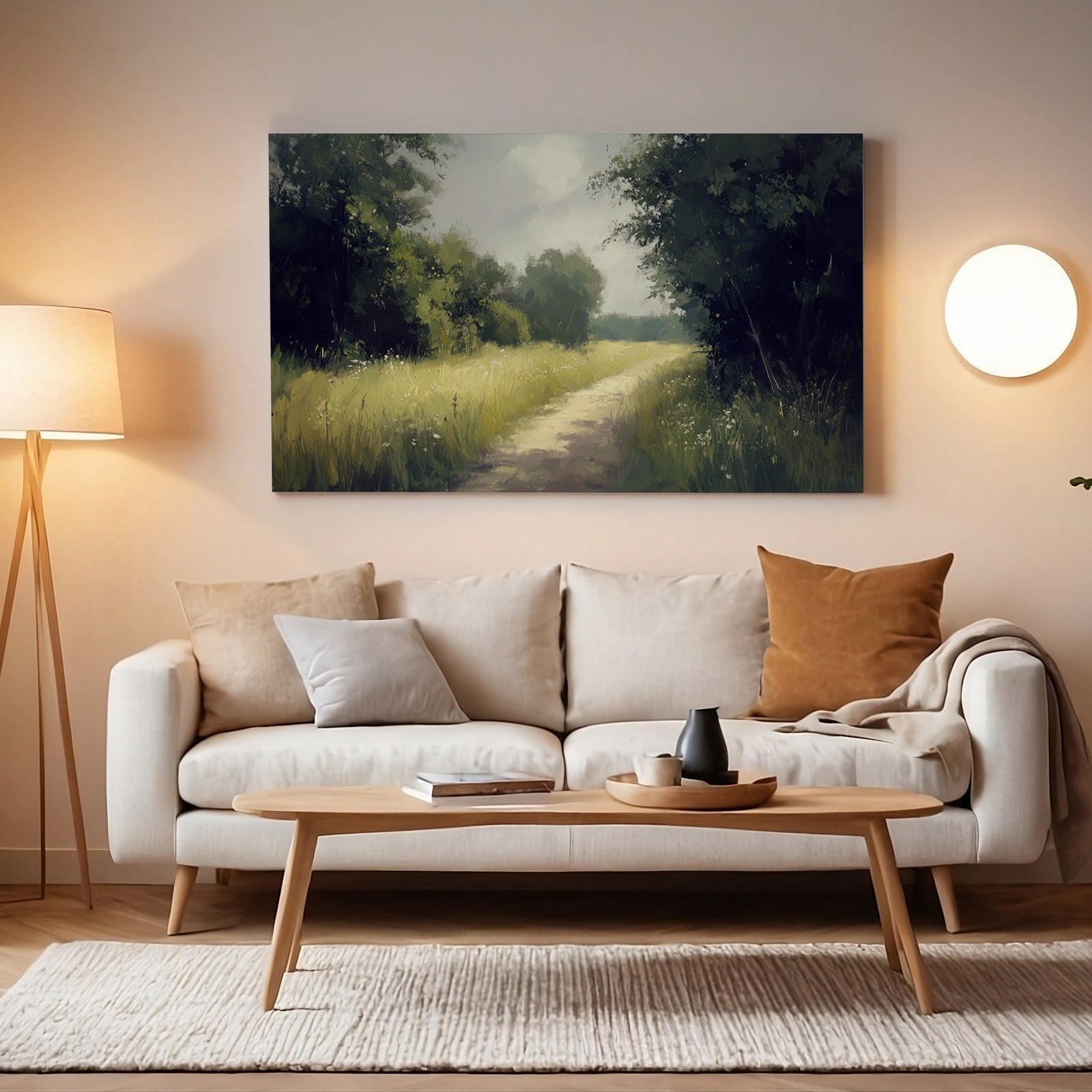 A cozy living room with warm lighting featuring a framed digital landscape art print of a sunlit country path surrounded by lush green trees and grass. The serene painting adds a touch of calm and natural beauty to the minimalist, modern decor