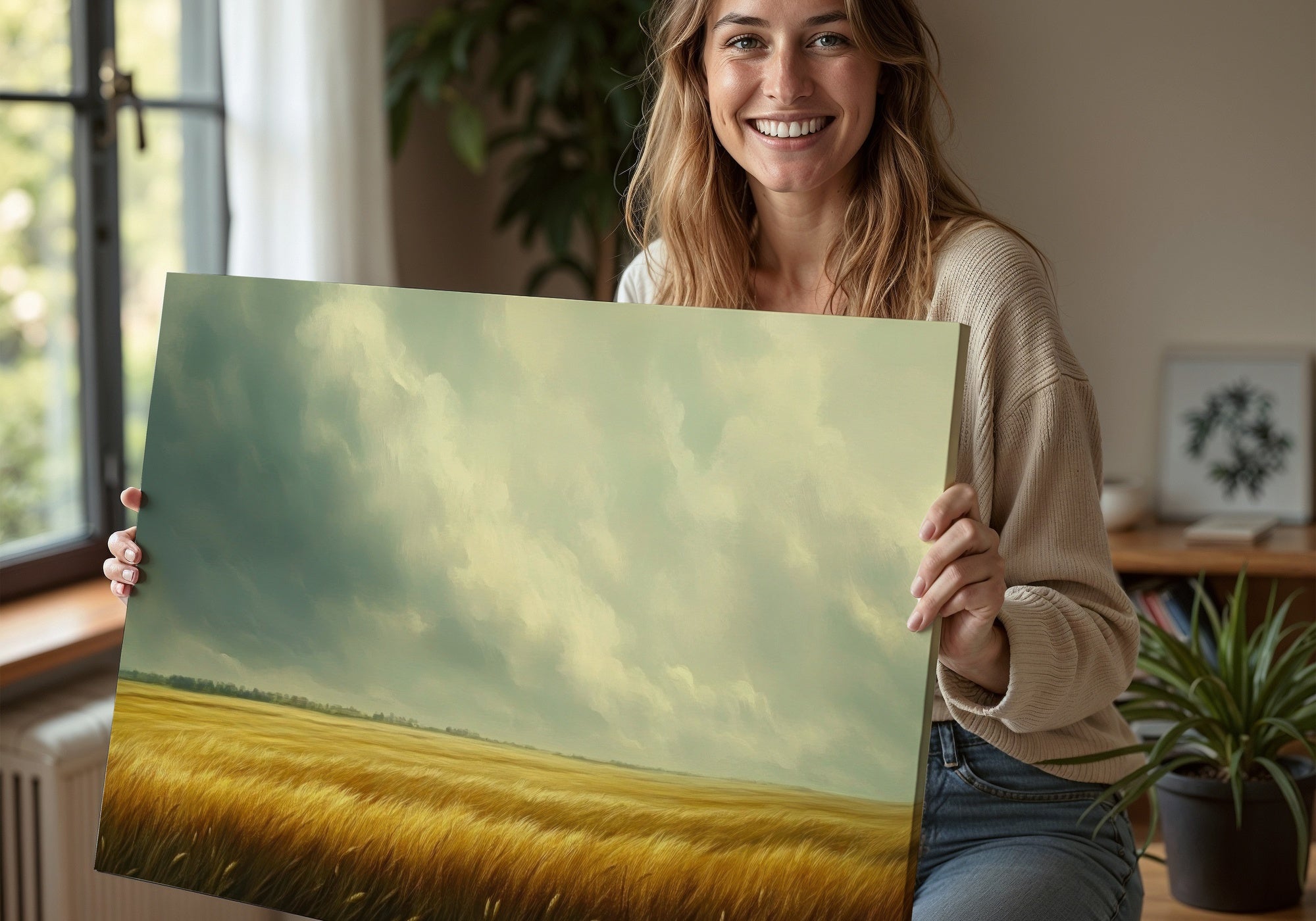 Woman holding a Landscape Digital Art Print featuring a golden wheat field under a soft cloudy sky - a tranquil and timeless artwork that brings natural beauty and calm to any home decor