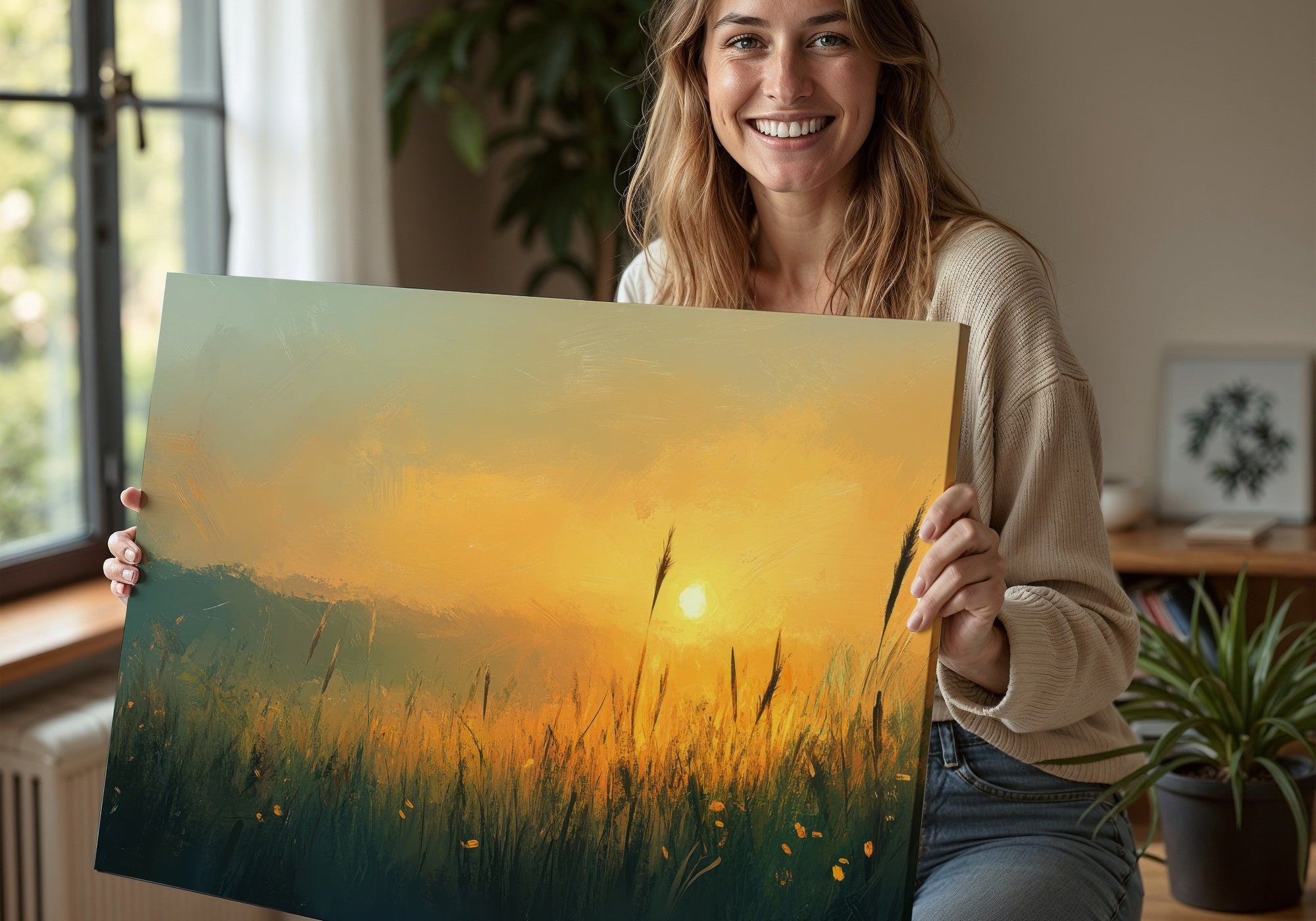 Landscape printable wall art featuring a warm golden sunset over a serene field of tall grass, held by a smiling woman in a cozy, softly lit interior