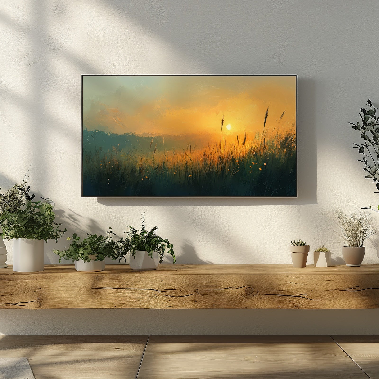 Landscape digital painting of a warm golden sunset glowing through tall meadow grass, soft atmospheric nature artwork for modern Samsung Frame TV decor