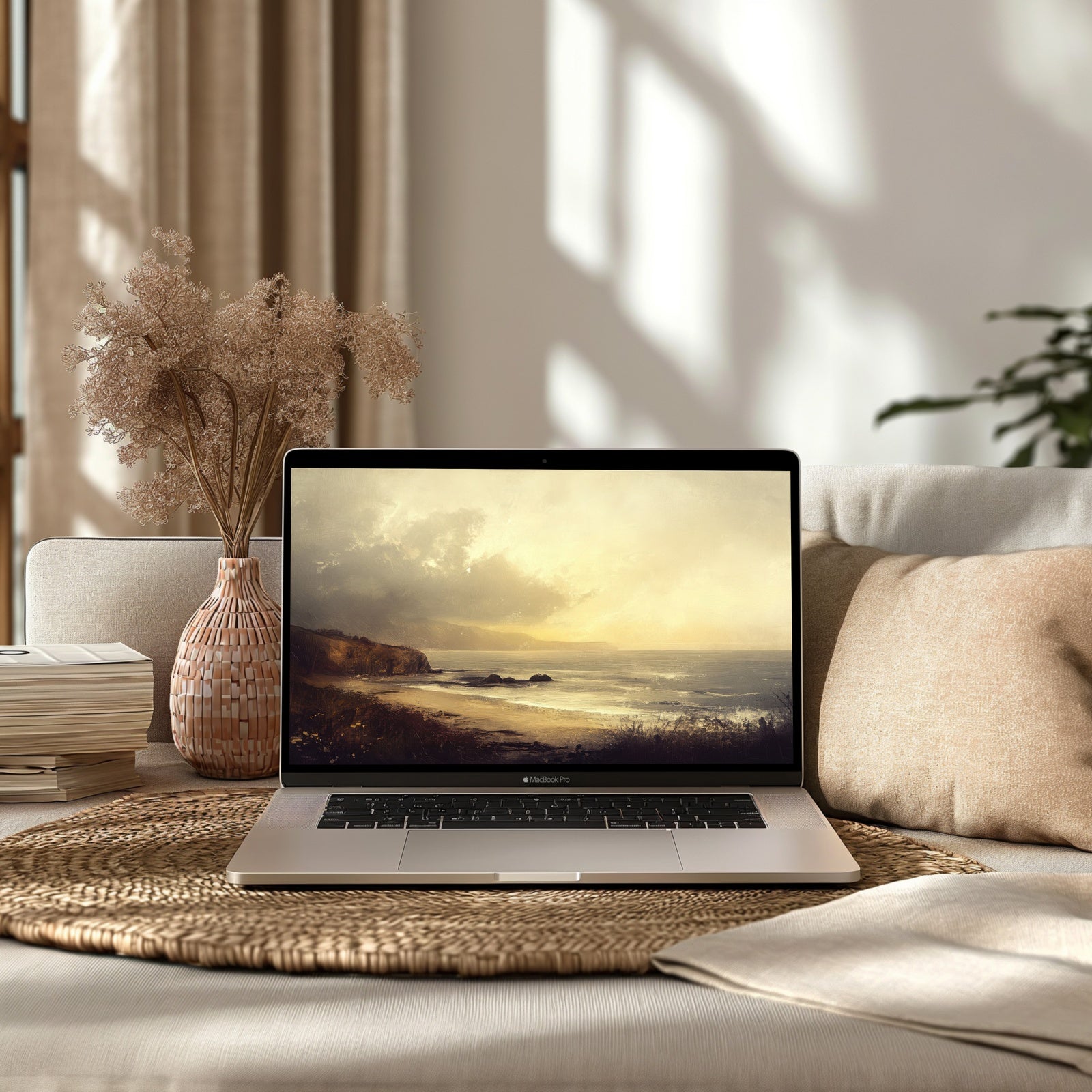 Landscape desktop wallpaper featuring a golden coastal sunset with gentle waves and dramatic skies - a serene digital artwork that adds warmth, tranquility, and natural beauty to your workspace