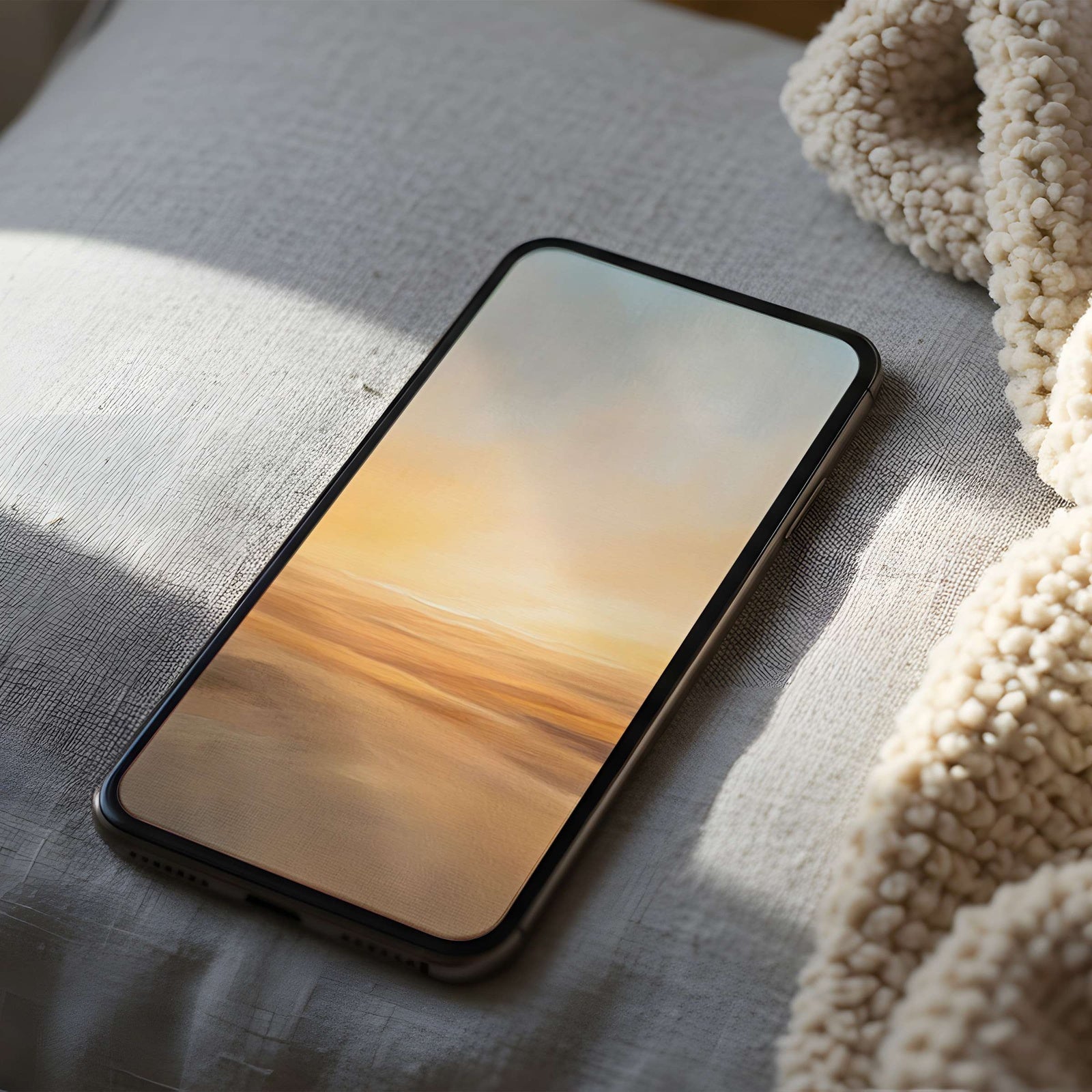 Landscape phone wallpaper featuring a soft golden desert sunset with gentle pastel sky - a calm, warm and elegant background for a serene, modern home screen